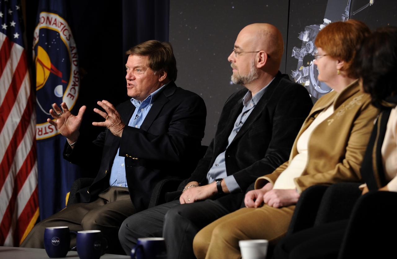 Michael Kaiser, project scientist, Solar Terrestrial Relations Observatory (STEREO) at Goddard Space Flight Center, left, makes a point during a Science Update on the STEREO mission at NASA Headquarters in Washington, Tuesday, April 14, 2009, as Angelo Vourlidas, project scientist, Sun Earth Connection Coronal and Heliospheric Investigation, at the Naval Research Laboratory, Toni Galvin, principal investigator, Plasma and Superthermal Ion Composition instrument at the University of New Hampshire and Madhulika Guhathkurta, STEREO program scientist, right, look on. Photo Credit: (NASA/Paul E. Alers)