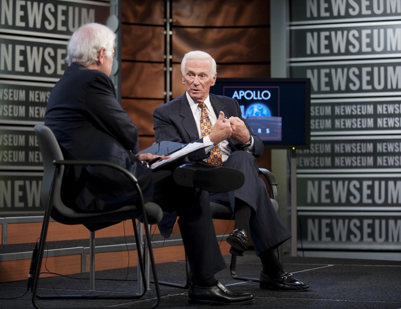 NASA Apollo 10 Astronaut Gene Cernan, right, answers questions from the Newseum's distinguished journalist-in-residence, Nick Clooney during a Newseum TV program celebrating the 40th anniversary of Apollo 10, Monday, May 18, 2009, in Washington.  Photo Credit (NASA/Bill Ingalls)
