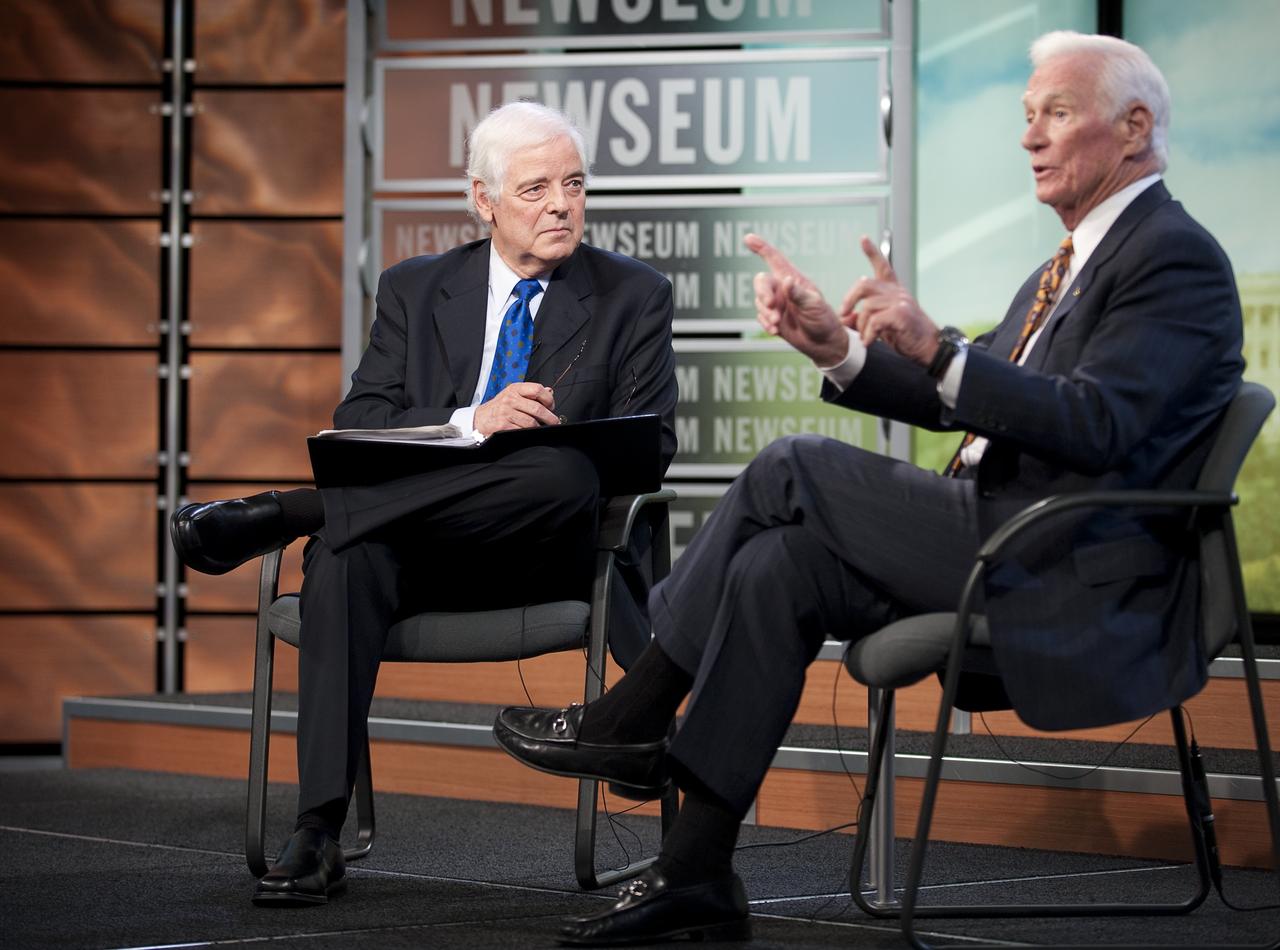 NASA Apollo 10 Astronaut Gene Cernan, right, answers questions from the Newseum's distinguished journalist-in-residence, Nick Clooney during a Newseum TV program celebrating the 40th anniversary of Apollo 10, Monday, May 18, 2009, in Washington.  Photo Credit (NASA/Bill Ingalls)
