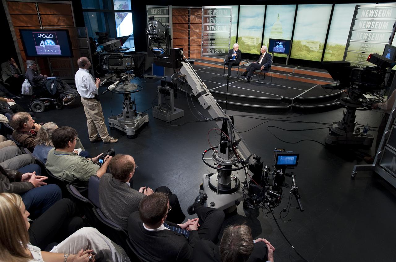 NASA Apollo 10 Astronaut Gene Cernan, right, answers questions from the Newseum's distinguished journalist-in-residence, Nick Clooney during a Newseum TV program celebrating the 40th anniversary of Apollo 10, Monday, May 18, 2009, in Washington.  Photo Credit (NASA/Bill Ingalls)