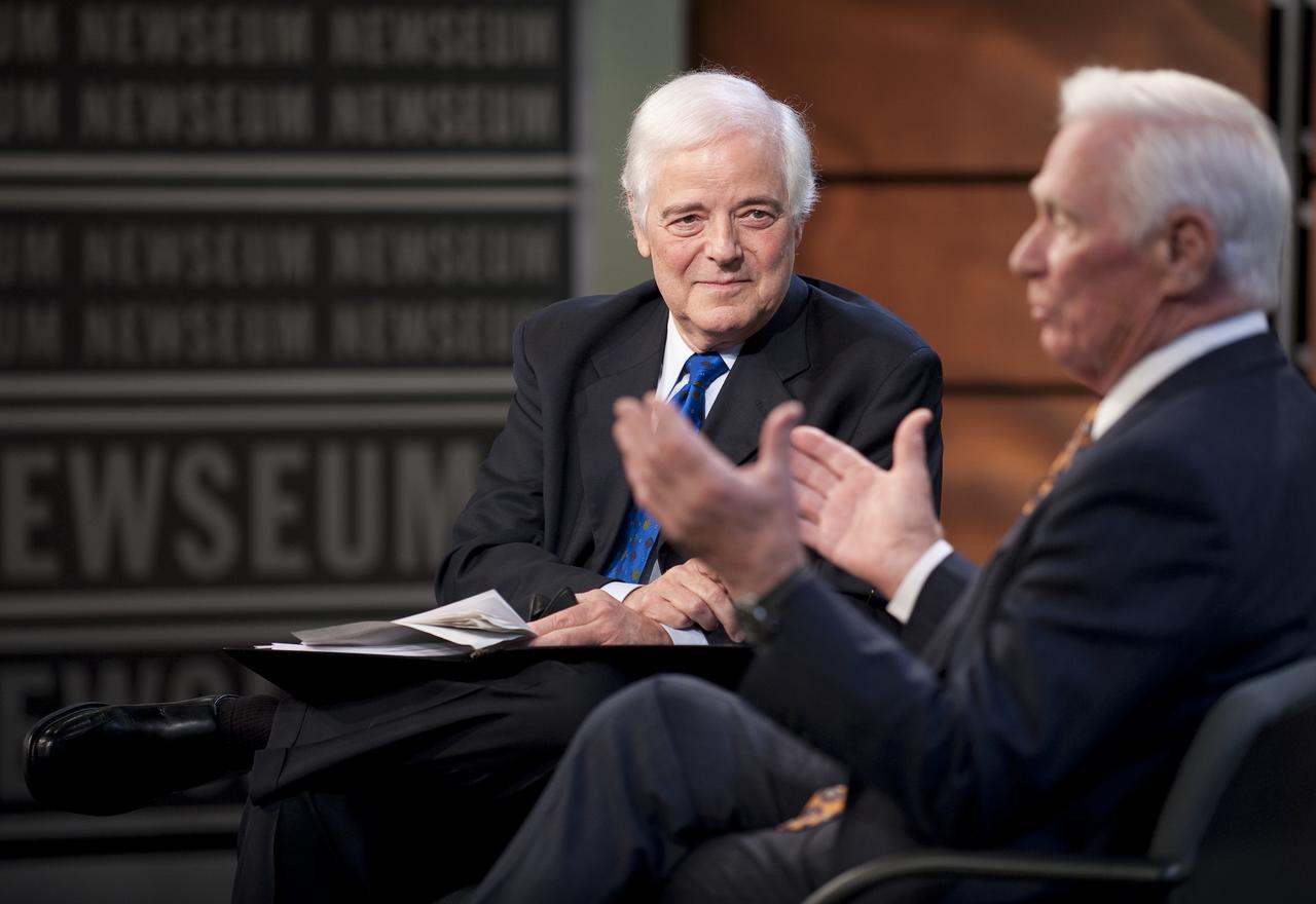 NASA Apollo 10 Astronaut Gene Cernan, right, answers questions from the Newseum's distinguished journalist-in-residence, Nick Clooney during a Newseum TV program celebrating the 40th anniversary of Apollo 10, Monday, May 18, 2009, in Washington.  Photo Credit (NASA/Bill Ingalls)