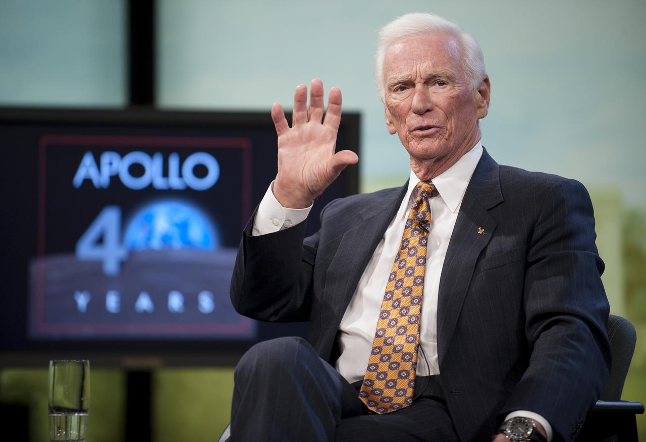 NASA Apollo 10 Astronaut Gene Cernan explains how wonderful the Earth looked from the Moon during a Newseum TV program celebrating the 40th anniversary of Apollo 10, Monday, May 18, 2009, in Washington.  Photo Credit (NASA/Bill Ingalls)