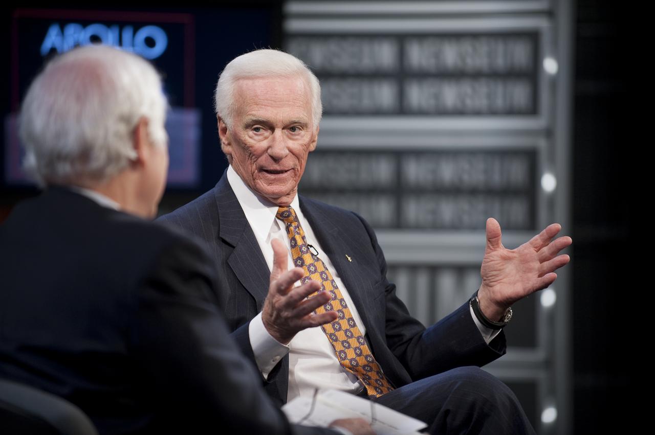 NASA Apollo 10 Astronaut Gene Cernan, right, answers questions from the Newseum's distinguished journalist-in-residence, Nick Clooney during a Newseum TV program celebrating the 40th anniversary of Apollo 10, Monday, May 18, 2009, in Washington.  Photo Credit (NASA/Bill Ingalls)