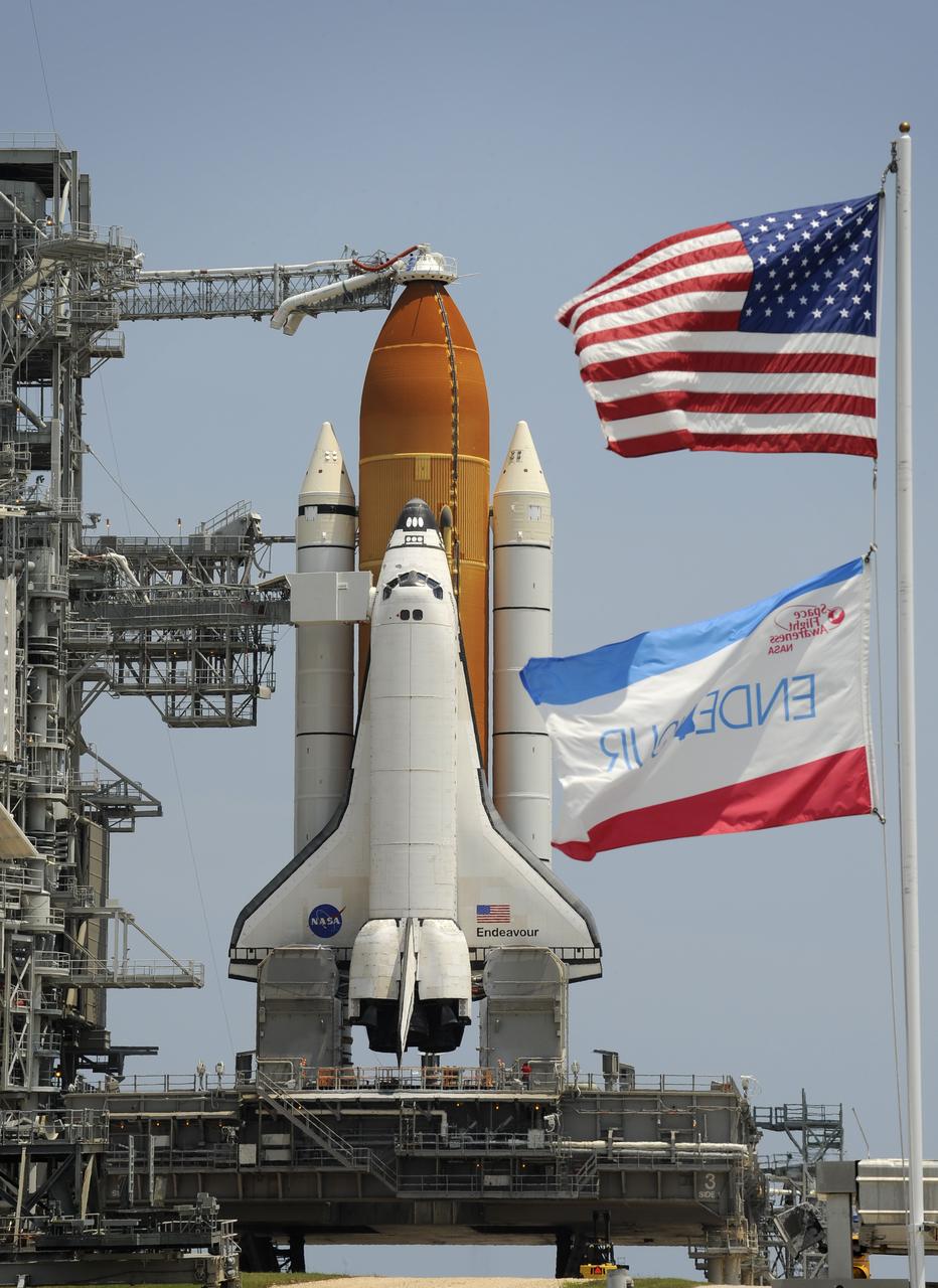 Space shuttle Endeavour is in place at Launch Pad 39A, Friday, June 12, 2009 at NASA's Kennedy Space Center in Cape Canaveral, Florida. Endeavour is undergoing final preparations for its upcoming 16-day mission to the International Space Station. Photo Credit (NASA/Bill Ingalls)