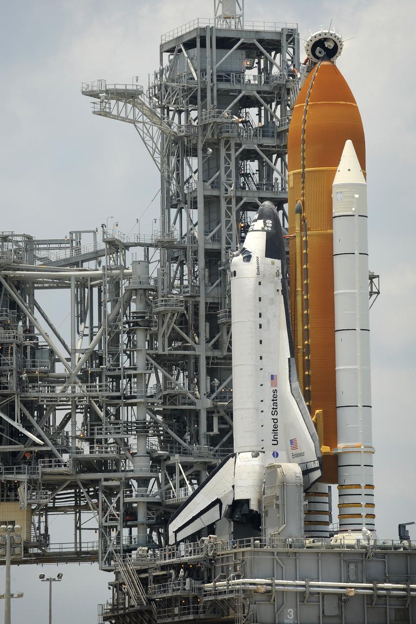 Space shuttle Endeavour is in place at Launch Pad 39A, Friday, June 12, 2009 at NASA's Kennedy Space Center in Cape Canaveral, Florida. Endeavour is undergoing final preparations for its upcoming 16-day mission to the International Space Station. Photo Credit: (NASA/Bill Ingalls)