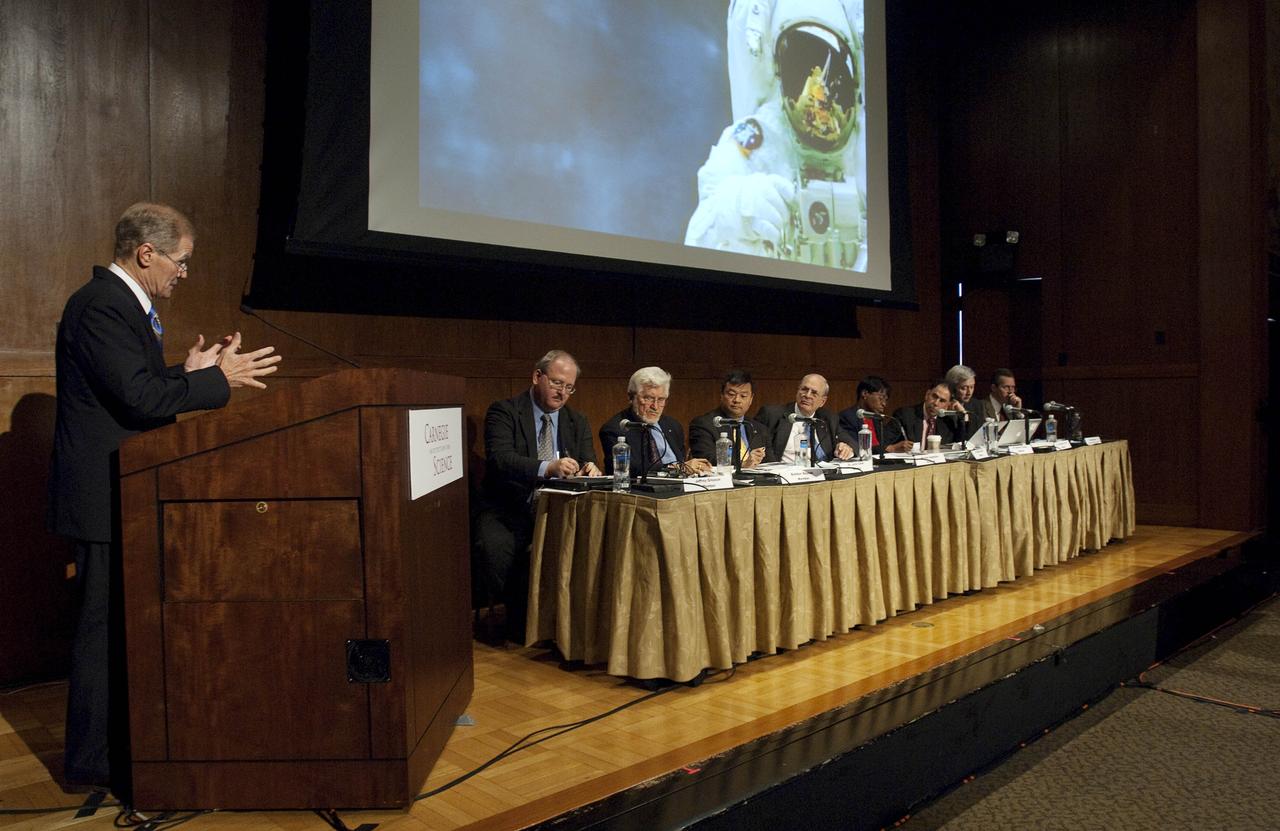 U.S. Sen. Bill Nelson, D-Fla., at podium, addresses members of the Human Space Flight Review Committee, Wednesday, June 17, 2009, at the Carnegie Institution in Washington. Seated from left are Jeffrey Greason, Bohdan Bejmuk, Dr. Leroy Chiao, Norman Augustine (chair), Dr. Wanda Austin, Dr. Edward Crawley, Dr. Christopher Chyba and Philip McAlister. The panel will examine ongoing and planned NASA development activities and potential alternatives in order to present options for advancing a safe, innovative, affordable and sustainable human space flight program following the space shuttle's retirement. The committee wil present its results by August 2009.  Photo Credit: (NASA/Paul E. Alers)