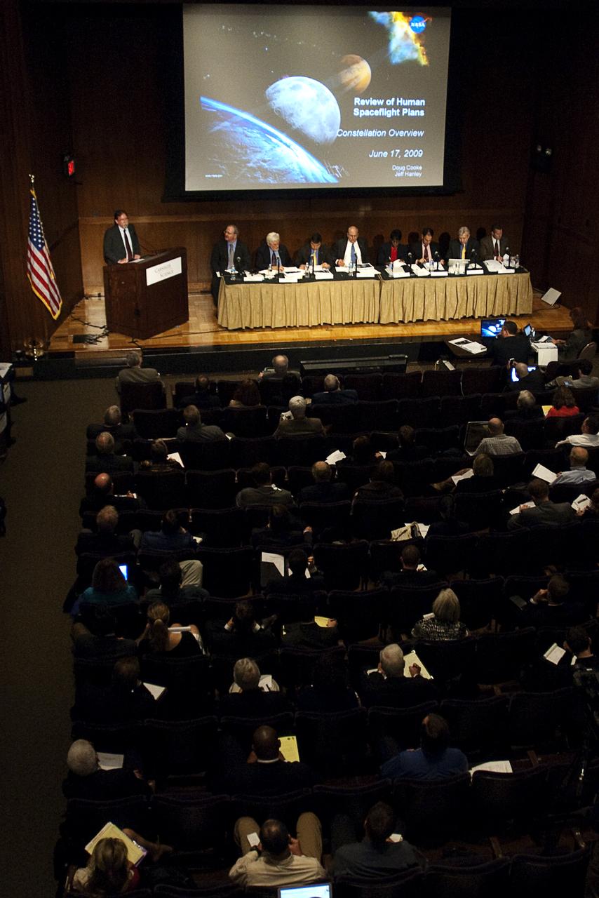Douglas R. Cooke, Associate Administrator for Exploration Systems Mission Directorate, at podium, addresses the Human Space Flight Review Committee, Wednesday, June 17, 2009, at the Carnegie Institution in Washington. The panel will examine ongoing and planned NASA development activities and potential alternatives in order to present options for advancing a safe, innovative, affordable and sustainable human space flight program following the space shuttle's retirement. The committee wil present its results by August 2009. Seated from left on the panel is Jeffrey Greason, Bohdan Bejmuk, Dr. Leroy Chiao, Norman Augustine (chair), Dr. Wanda Austin, Dr. Edward Crawley, Dr. Christopher Chyba and Philip McAlister. Photo Credit: (NASA/Paul E. Alers)
