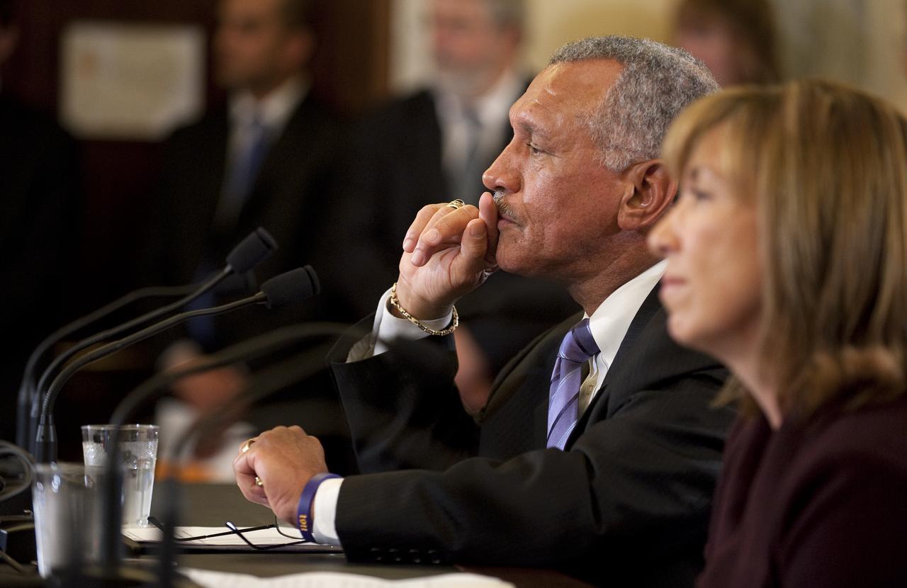Charles Bolden, nominee for Administrator of NASA, left, and Lori Garver, nominee for Deputy Administrator of NASA, listen to Senators questions at their confirmation hearing before the Senate Commerce, Science and Transportation Committee in the Russell Senate Office Building on Capitol Hill in Washington, Wednesday, July 8, 2009. Photo Credit: (NASA/Bill Ingalls)