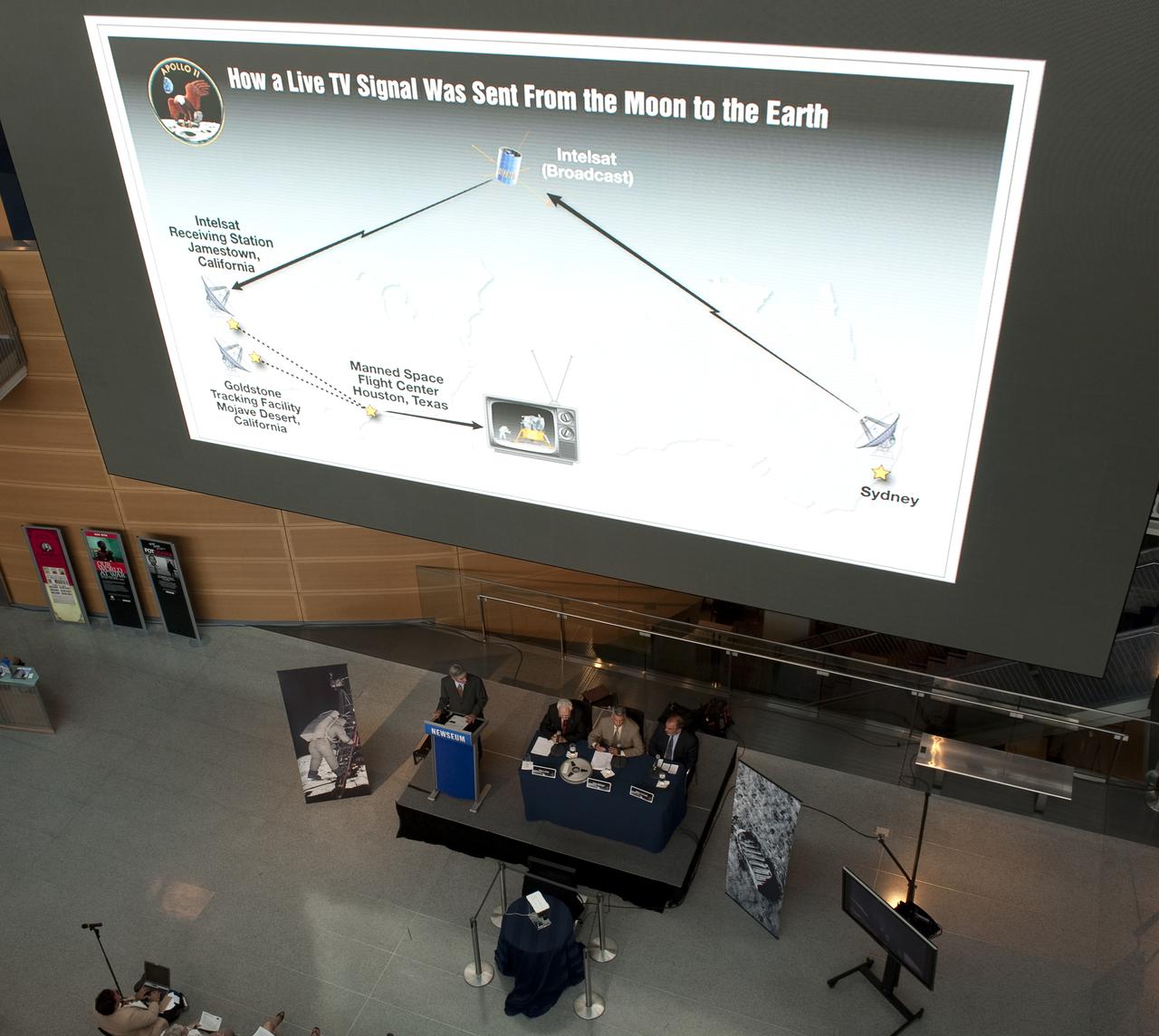 Graphics showing how TV signals were sent from the Apollo 11 mission back to Earth are shown on a large video monitor above panelists at NASA's briefing where restored Apollo 11 moonwalk footage was revealed for the first time at the Newseum, Thursday, July 16, 2009, in Washington, DC.  Photo Credit: (NASA/Carla Cioffi)