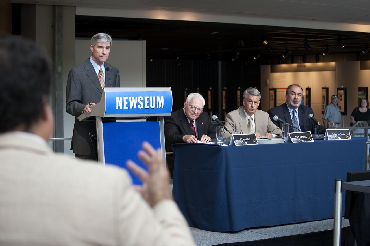 NASA moderator Mark Hess, left, directs reporters' questions to former Westinghouse Electric program manager Stan Lebar, second from left, team lead and Goddard engineer Richard Nafzger and president of Lowry Digital Mike Inchalik, far right, at a NASA briefing where restored Apollo 11 moonwalk footage was revealed for the first time at the Newseum, Thursday, July 16, 2009, in Washington, DC.  Photo Credit: (NASA/Bill Ingalls)