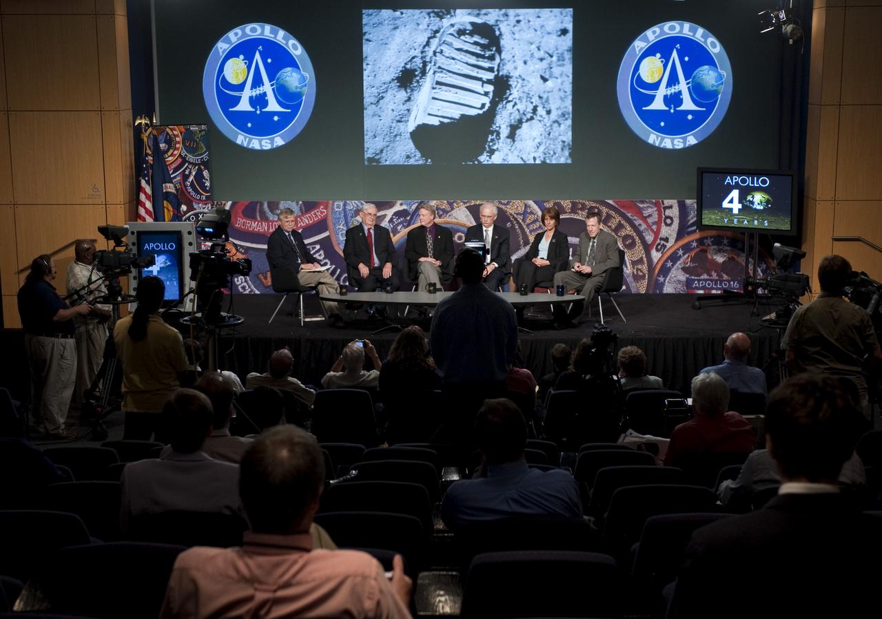 NASA chief historian Steven Dick, seated left, along with John Logsdon, Roger Launius, Michael Neufeld, Cristina Guidi and Craig Nelson, are seen at an Apollo History and Legacy roundtable discussion, Thursday, July 16, 2009, at NASA Headquarters in Washington. Photo Credit: (NASA/Paul E. Alers)
