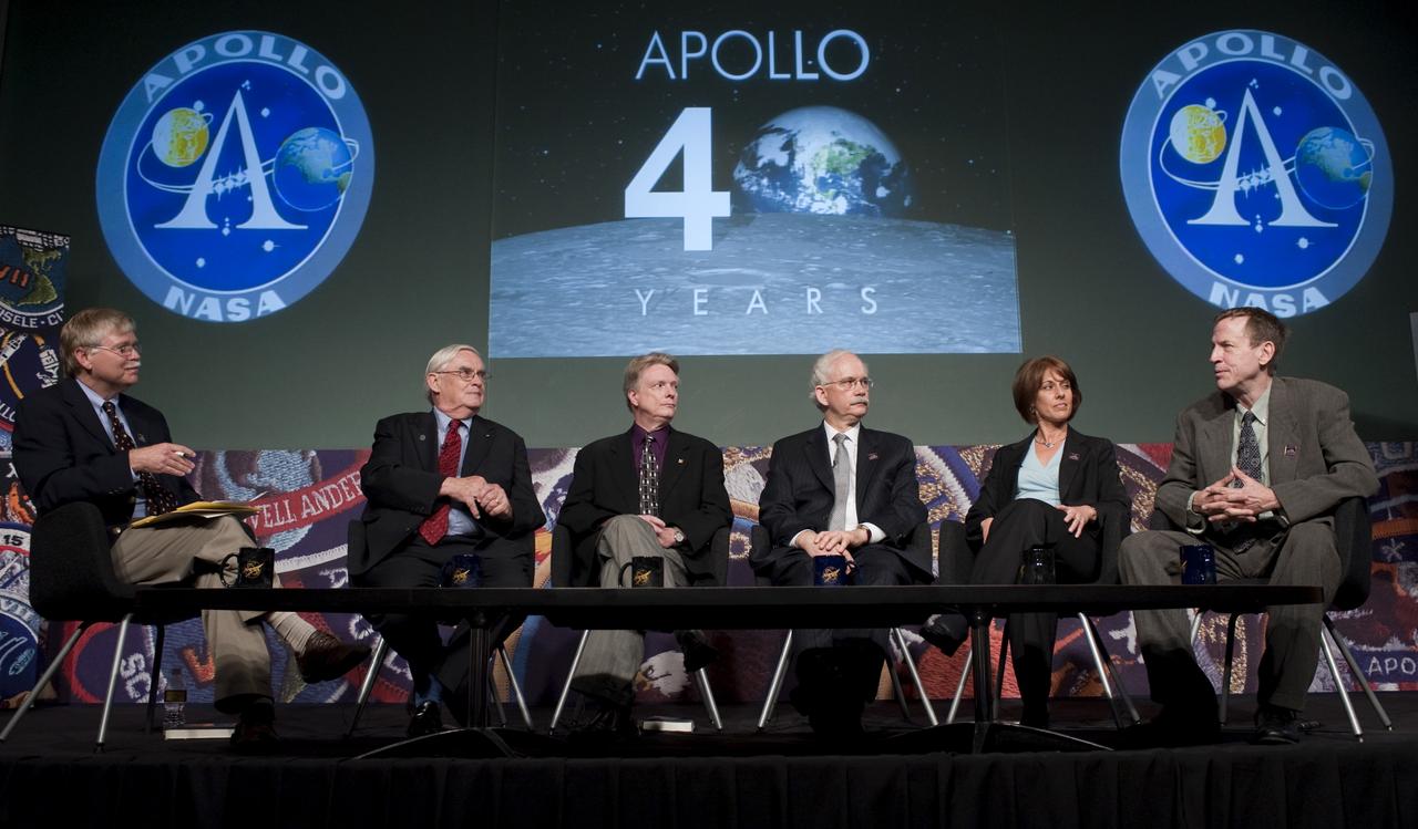 NASA chief historian Steven Dick, seated left, along with John Logsdon, Roger Launius, Michael Neufeld, Cristina Guidi and Craig Nelson, are seen at an Apollo History and Legacy roundtable discussion, Thursday, July 16, 2009, at NASA Headquarters in Washington. Photo Credit: (NASA/Paul E. Alers)