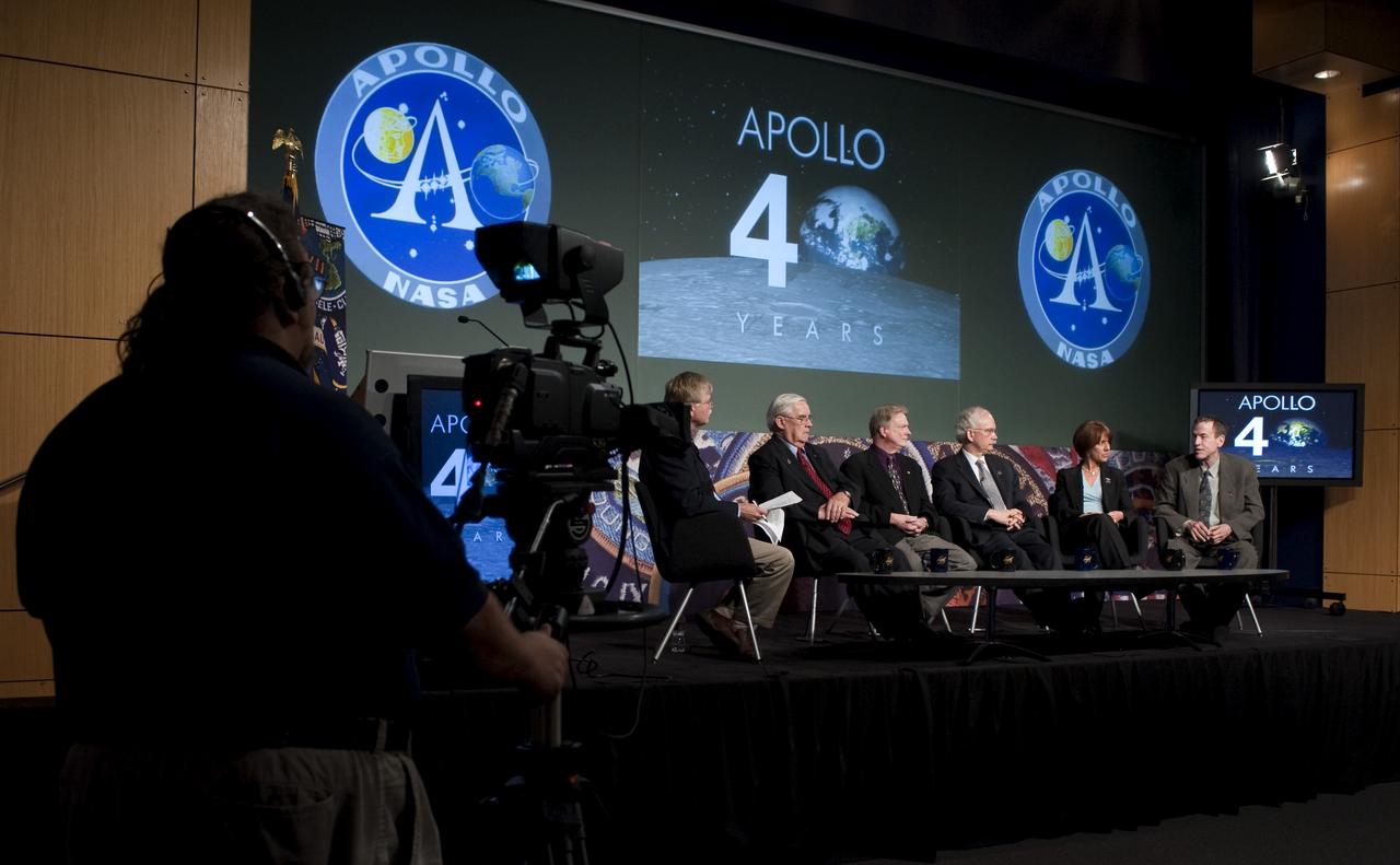 NASA chief historian Steven Dick, seated left, along with John Logsdon, Roger Launius, Michael Neufeld, Cristina Guidi and Craig Nelson, are seen at an Apollo History and Legacy roundtable discussion, Thursday, July 16, 2009, at NASA Headquarters in Washington. Photo Credit: (NASA/Paul E. Alers)