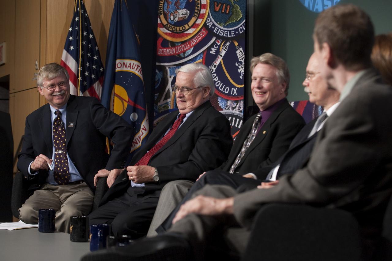 NASA chief historian Steven Dick, seated left, shares a laugh with panelists John Logsdon, Roger Launius, Michael Neufeld, Cristina Guidi and Craig Nelson, at an Apollo History and Legacy roundtable discussion, Thursday, July 16, 2009, at NASA Headquarters in Washington. Photo Credit: (NASA/Paul E. Alers)