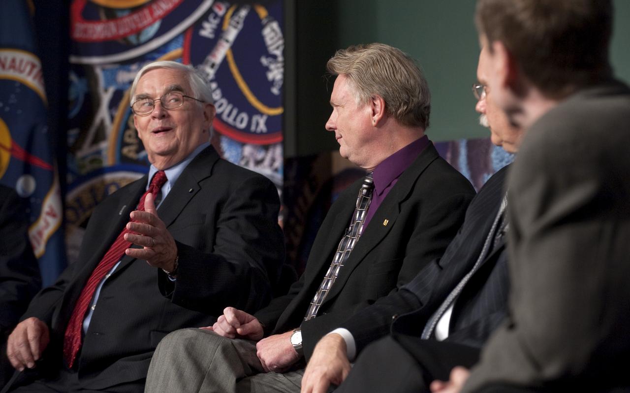 John Logsdon, Charles A. Lindbergh chair in aerospace history at the Smithsonianan, left, speaks as other panelists look on during an Apollo History and Legacy roundtable discussion, Thursday, July 16, 2009, at NASA Headquarters in Washington. Photo Credit: (NASA/Paul E. Alers)