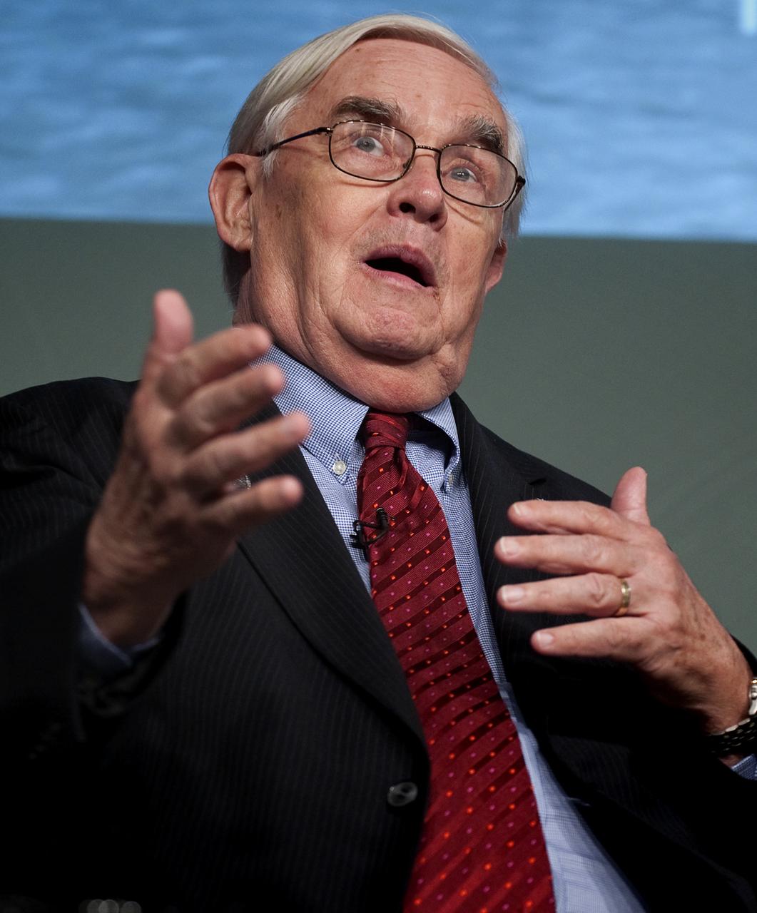John Logsdon, Charles A. Lindbergh chair in aerospace history at the Smithsonian, emphasizes a point during an Apollo History and Legacy roundtable discussion, Thursday, July 16, 2009, at NASA Headquarters in Washington. Photo Credit: (NASA/Paul E. Alers)