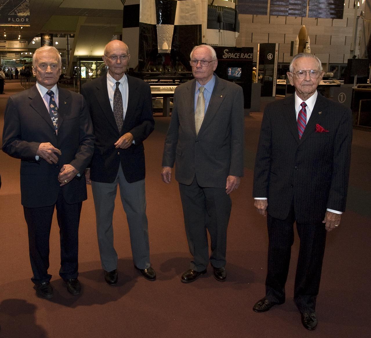 On the eve of the fortieth anniversary of Apollo 11's first human landing on the Moon, Apollo 11 crew members, Buzz Aldrin, left, Michael Collins, 2nd from left, Neil Armstrong and NASA Mission Control creator and former NASA Johnson Space Center director Chris Kraft, right, gathered at the National Air and Space Museum in Washington, Sunday, July 19, 2009.  The four were speakers at the Museum's 2009 John H. Glenn lecture in space history.  Photo Credit: (NASA/Bill Ingalls)