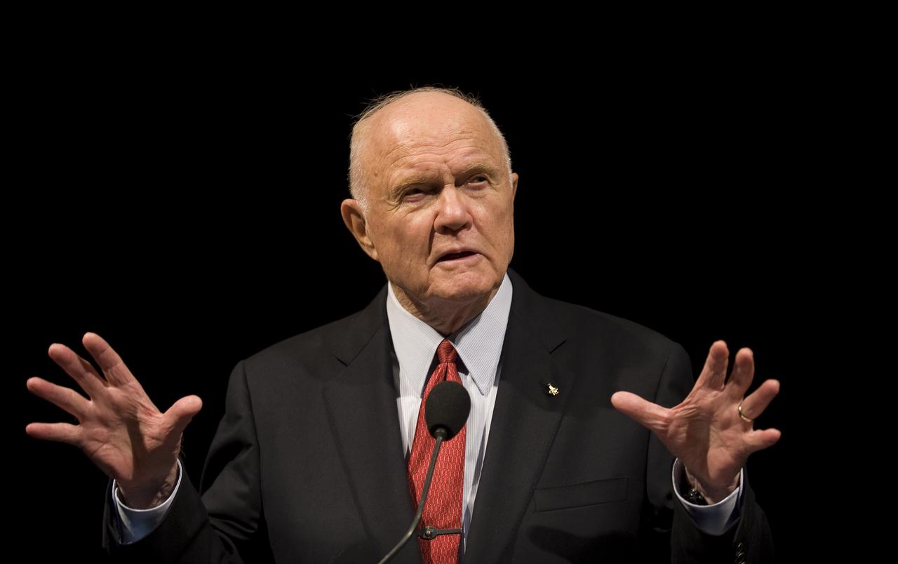 On the eve of the fortieth anniversary of Apollo 11's first human landing on the Moon, Former NASA Astronaut and U.S. Senator John Glenn speaks during a lecture in honor of Apollo 11 at the National Air and Space Museum in Washington, Sunday, July 19, 2009. Guest speakers included NASA Mission Control creator and former NASA Johnson Space Center director Chris Kraft, Apollo 11 crew members, Buzz Aldrin, Neil Armstrong, and Michael Collins. Photo Credit: (NASA/Bill Ingalls)