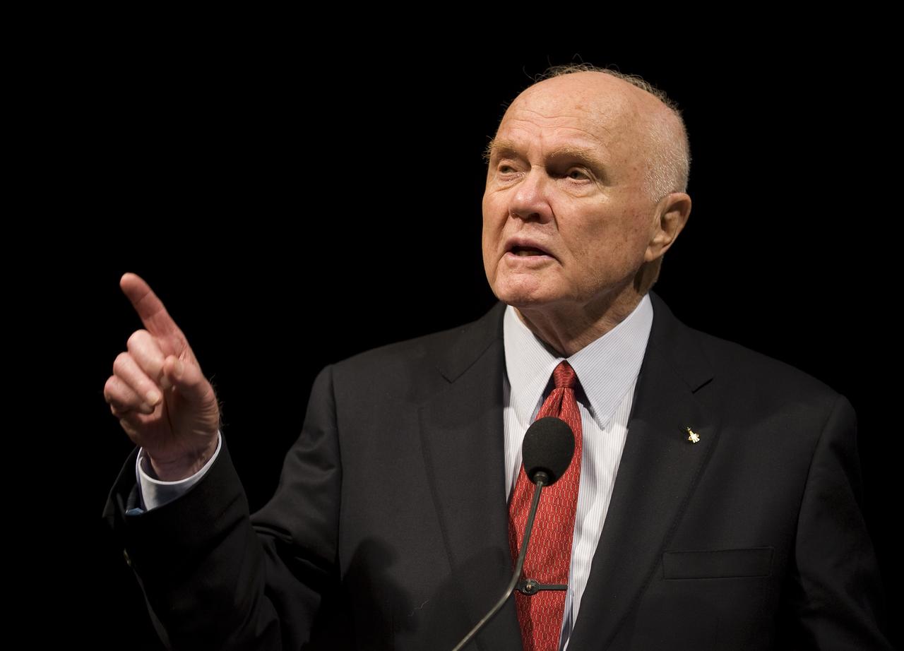 On the eve of the fortieth anniversary of Apollo 11's first human landing on the Moon, Former NASA Astronaut and U.S. Senator John Glenn speaks during a lecture in honor of Apollo 11 at the National Air and Space Museum in Washington, Sunday, July 19, 2009. Guest speakers included NASA Mission Control creator and former NASA Johnson Space Center director Chris Kraft, Apollo 11 crew members, Buzz Aldrin, Neil Armstrong, and Michael Collins. Photo Credit: (NASA/Bill Ingalls)