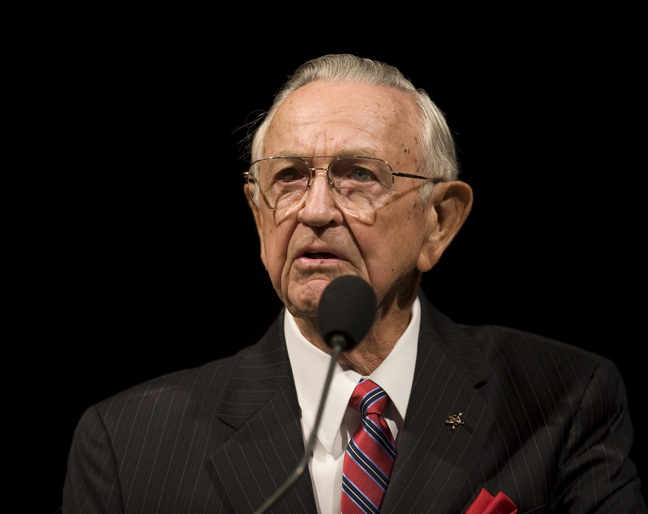 On the eve of the fortieth anniversary of Apollo 11's first human landing on the Moon, NASA Mission Control creator and former NASA Johnson Space Center director Chris Kraft speaks during a lecture in honor of Apollo 11 at the National Air and Space Museum in Washington, Sunday, July 19, 2009. Guest speakers included Former NASA Astronaut and U.S. Senator John Glenn, Apollo 11 crew members, Buzz Aldrin, Neil Armstrong, and Michael Collins. Photo Credit: (NASA/Bill Ingalls)