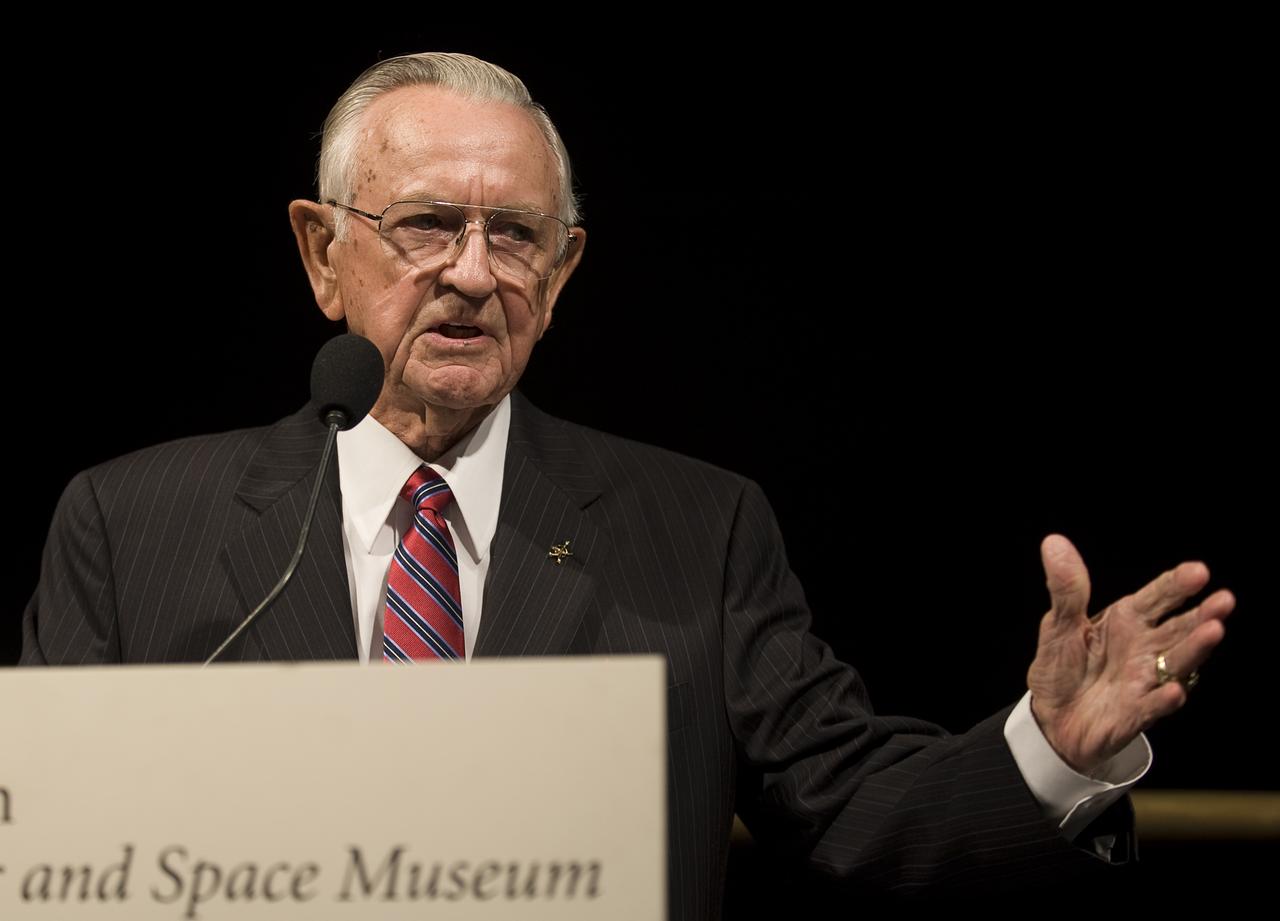On the eve of the fortieth anniversary of Apollo 11's first human landing on the Moon, NASA Mission Control creator and former NASA Johnson Space Center director Chris Kraft speaks during a lecture in honor of Apollo 11 at the National Air and Space Museum in Washington, Sunday, July 19, 2009. Guest speakers included Former NASA Astronaut and U.S. Senator John Glenn, Apollo 11 crew members, Buzz Aldrin, Neil Armstrong, and Michael Collins. Photo Credit: (NASA/Bill Ingalls)