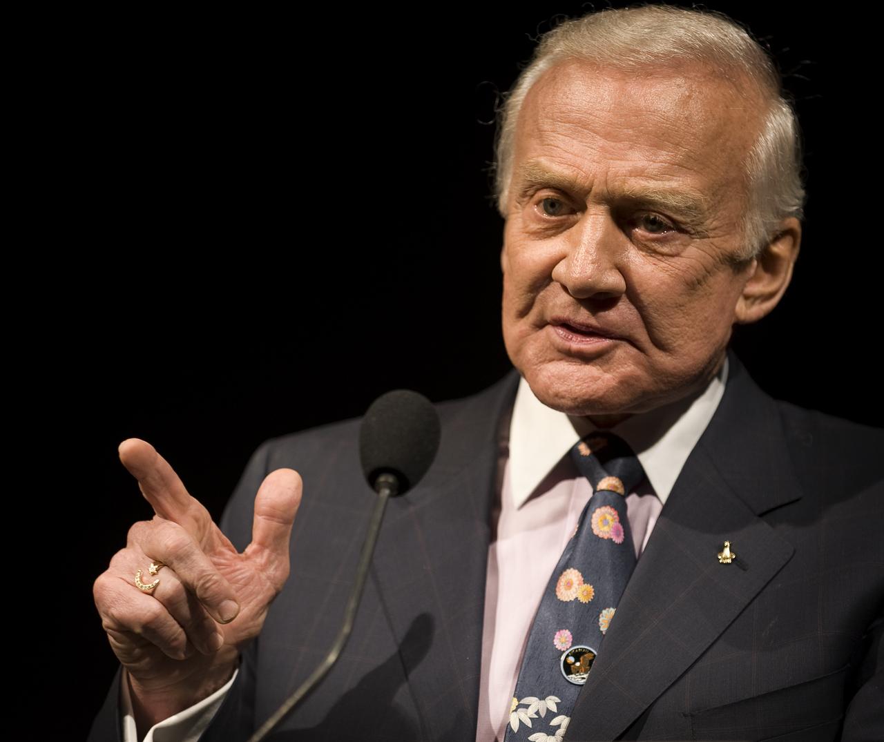 On the eve of the fortieth anniversary of Apollo 11's first human landing on the Moon, Apollo 11 crew member, Buzz Aldrin speaks during a lecture in honor of Apollo 11 at the National Air and Space Museum in Washington, Sunday, July 19, 2009. Guest speakers included Former NASA Astronaut and U.S. Senator John Glenn, NASA Mission Control creator and former NASA Johnson Space Center director Chris Kraft and the crew of Apollo 11. Photo Credit: (NASA/Bill Ingalls)