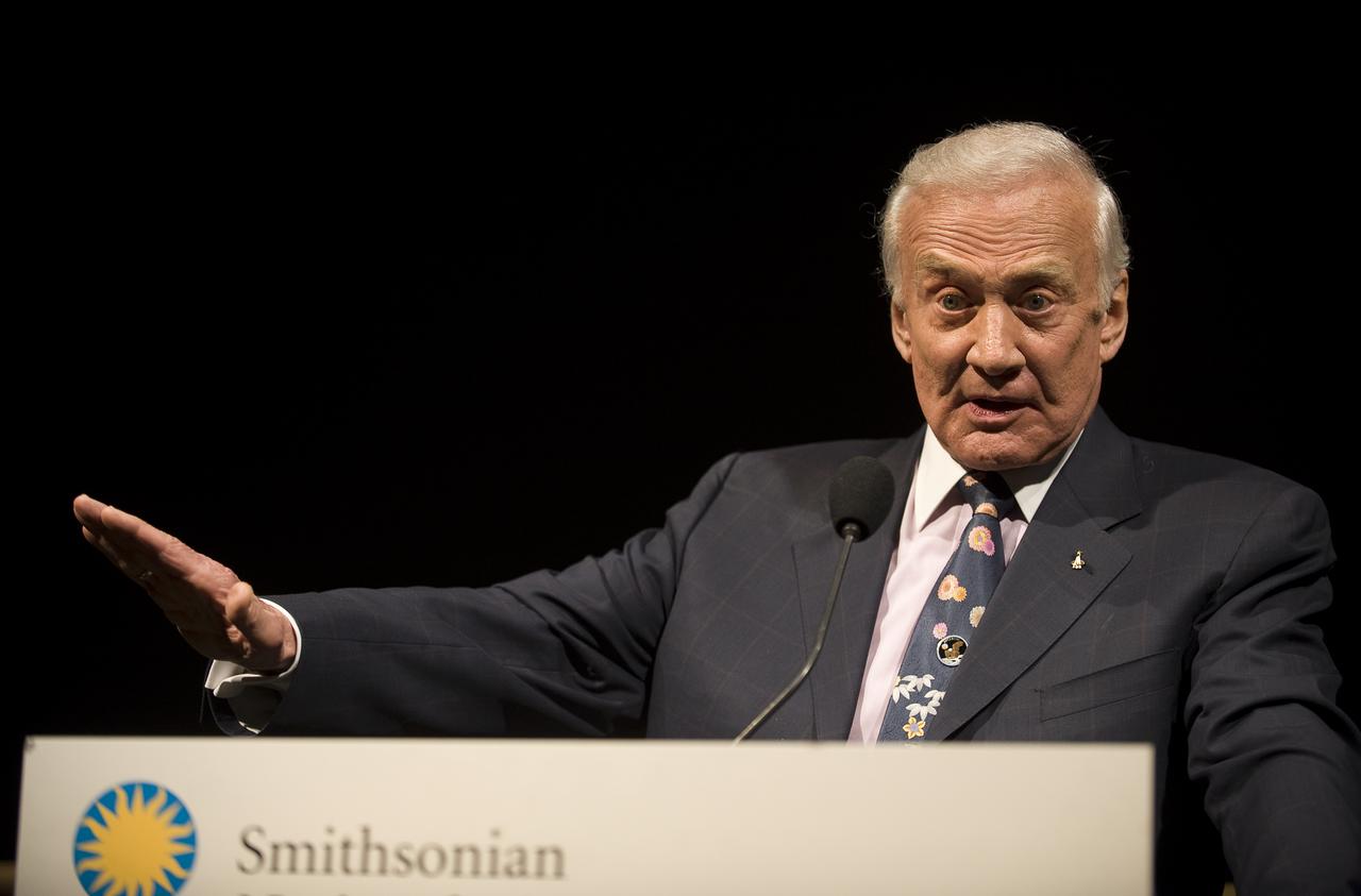 On the eve of the fortieth anniversary of Apollo 11's first human landing on the Moon, Apollo 11 crew member, Buzz Aldrin speaks during a lecture in honor of Apollo 11 at the National Air and Space Museum in Washington, Sunday, July 19, 2009. Guest speakers included Former NASA Astronaut and U.S. Senator John Glenn, NASA Mission Control creator and former NASA Johnson Space Center director Chris Kraft and the crew of Apollo 11. Photo Credit: (NASA/Bill Ingalls)