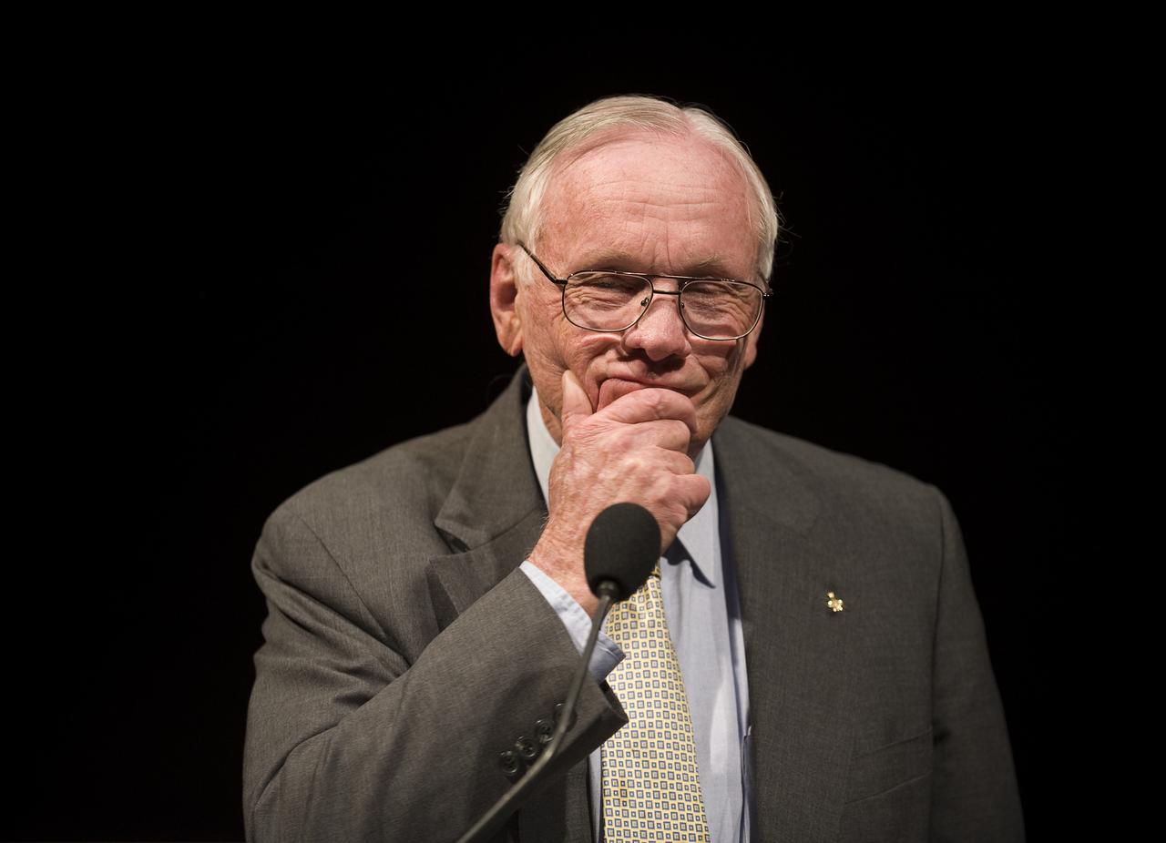 On the eve of the fortieth anniversary of the first human landing on the Moon, Apollo 11 Astronaut Neil Armstrong speaks during a lecture in honor of Apollo 11 at the National Air and Space Museum in Washington, Sunday, July 19, 2009. Guest speakers included Former NASA Astronaut and U.S. Senator John Glenn, NASA Mission Control creator and former NASA Johnson Space Center director Chris Kraft and the crew of Apollo 11. Photo Credit: (NASA/Bill Ingalls)