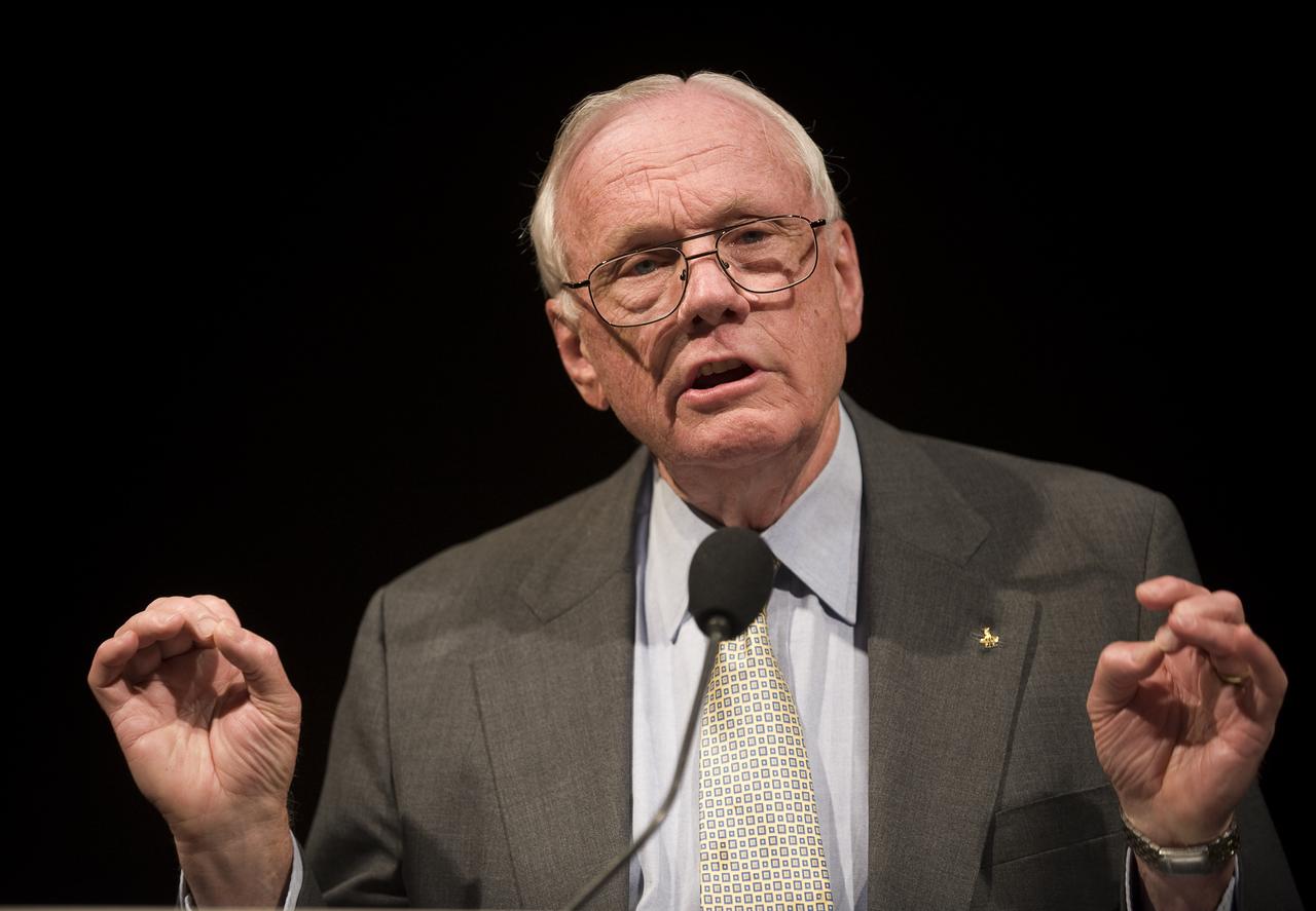 On the eve of the fortieth anniversary of the first human landing on the Moon, Apollo 11 Astronaut Neil Armstrong speaks during a lecture in honor of Apollo 11 at the National Air and Space Museum in Washington, Sunday, July 19, 2009. Guest speakers included Former NASA Astronaut and U.S. Senator John Glenn, NASA Mission Control creator and former NASA Johnson Space Center director Chris Kraft and the crew of Apollo 11. Photo Credit: (NASA/Bill Ingalls)