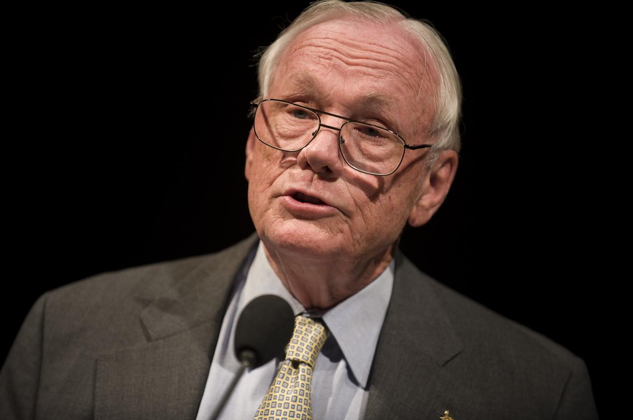 On the eve of the fortieth anniversary of the first human landing on the Moon, Apollo 11 Astronaut Neil Armstrong speaks during a lecture in honor of Apollo 11 at the National Air and Space Museum in Washington, Sunday, July 19, 2009. Guest speakers included Former NASA Astronaut and U.S. Senator John Glenn, NASA Mission Control creator and former NASA Johnson Space Center director Chris Kraft and the crew of Apollo 11. Photo Credit: (NASA/Bill Ingalls)