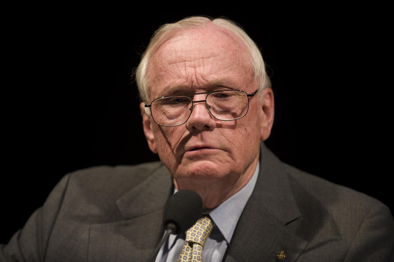 On the eve of the fortieth anniversary of the first human landing on the Moon, Apollo 11 Astronaut Neil Armstrong speaks during a lecture in honor of Apollo 11 at the National Air and Space Museum in Washington, Sunday, July 19, 2009. Guest speakers included Former NASA Astronaut and U.S. Senator John Glenn, NASA Mission Control creator and former NASA Johnson Space Center director Chris Kraft and the crew of Apollo 11. Photo Credit: (NASA/Bill Ingalls)