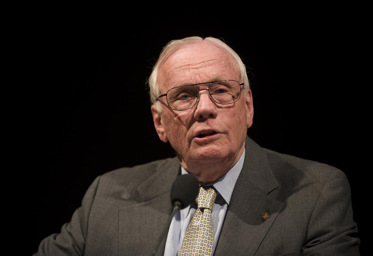 On the eve of the fortieth anniversary of the first human landing on the Moon, Apollo 11 Astronaut Neil Armstrong speaks during a lecture in honor of Apollo 11 at the National Air and Space Museum in Washington, Sunday, July 19, 2009. Guest speakers included Former NASA Astronaut and U.S. Senator John Glenn, NASA Mission Control creator and former NASA Johnson Space Center director Chris Kraft and the crew of Apollo 11. Photo Credit: (NASA/Bill Ingalls)