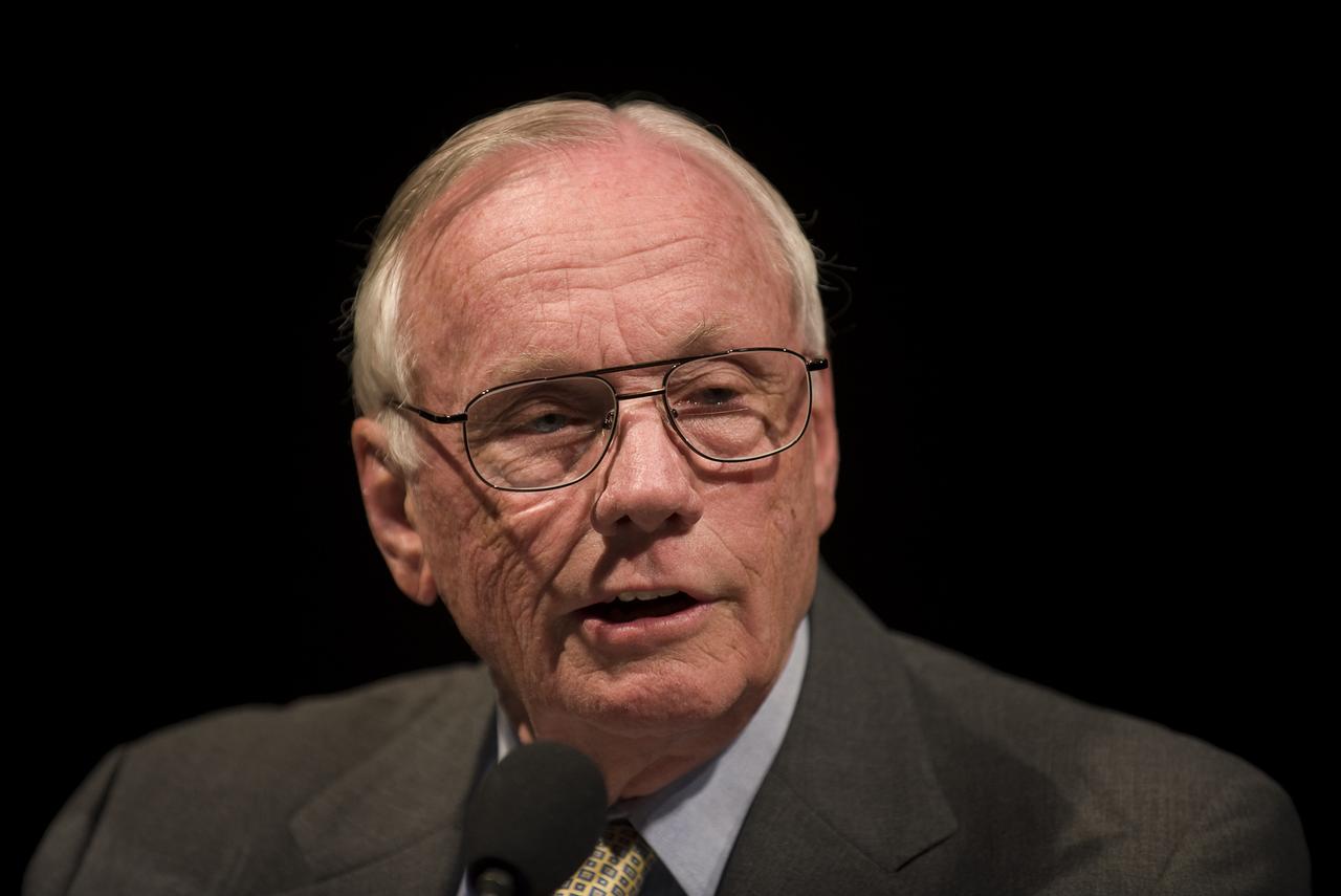 On the eve of the fortieth anniversary of the first human landing on the Moon, Apollo 11 Astronaut Neil Armstrong speaks during a lecture in honor of Apollo 11 at the National Air and Space Museum in Washington, Sunday, July 19, 2009. Guest speakers included Former NASA Astronaut and U.S. Senator John Glenn, NASA Mission Control creator and former NASA Johnson Space Center director Chris Kraft and the crew of Apollo 11. Photo Credit: (NASA/Bill Ingalls)