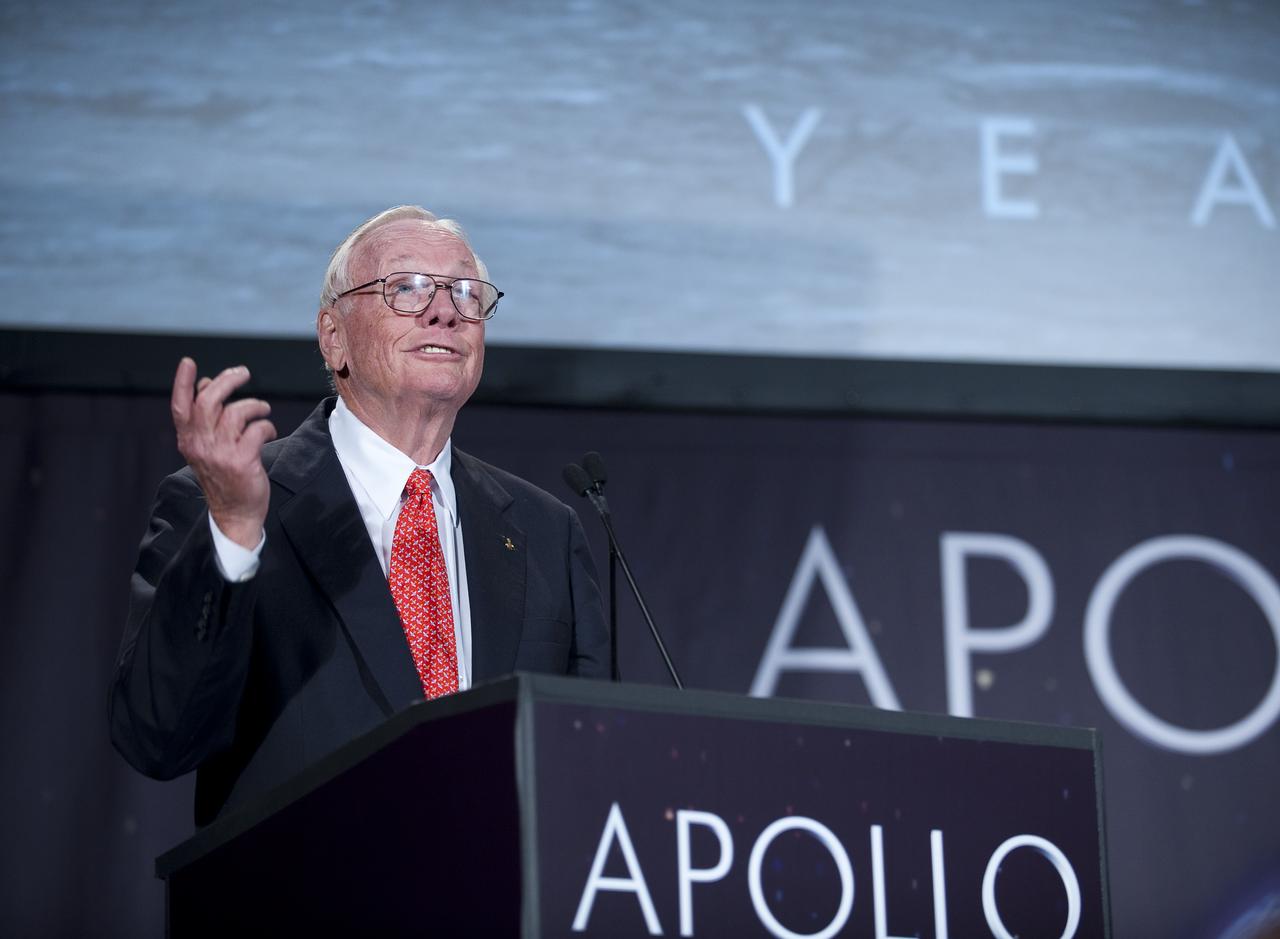 NASA Apollo 11 Mission Commander and first man to set foot on the Moon, Neil Armstrong speaks at the Apollo 40th anniversary celebration held at the National Air and Space Museum, Monday, July 20, 2009 in Washington. Photo Credit: (NASA/Bill Ingalls)