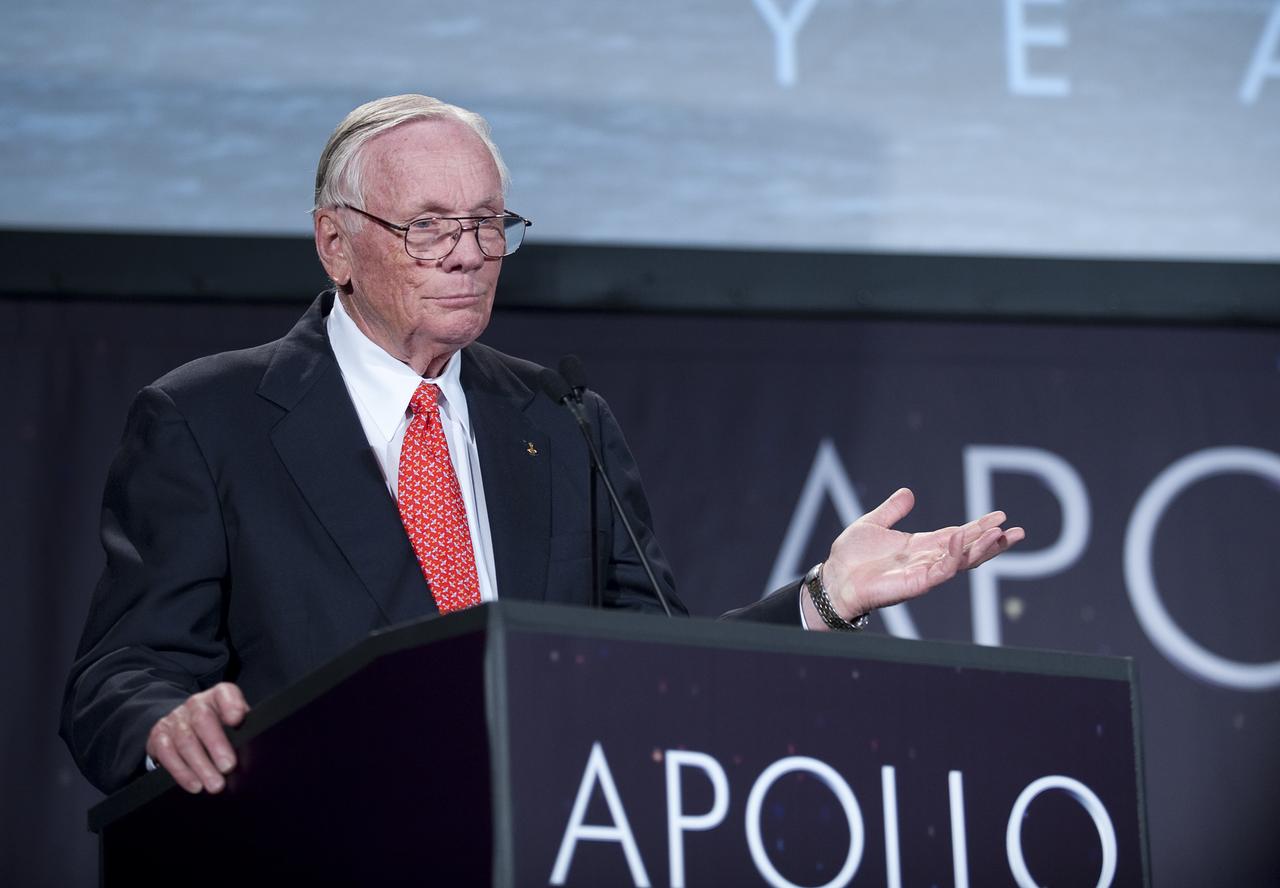 NASA Apollo 11 Mission Commander and first man to set foot on the Moon, Neil Armstrong speaks at the Apollo 40th anniversary celebration held at the National Air and Space Museum, Monday, July 20, 2009 in Washington. Photo Credit: (NASA/Bill Ingalls)