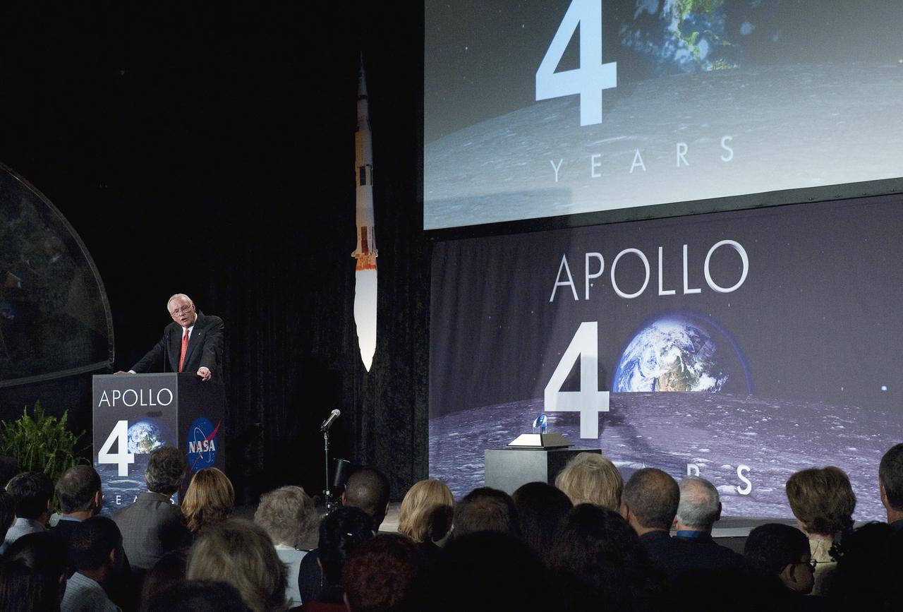 NASA Apollo 11 Mission Commander and first man to set foot on the Moon, Neil Armstrong speaks at the Apollo 40th anniversary celebration held at the National Air and Space Museum, Monday, July 20, 2009 in Washington. Photo Credit: (NASA/Carla Cioffi)