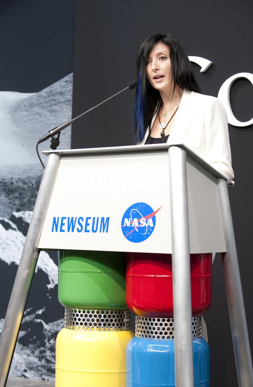 Tiffany Montague, Technical Program Manager for NASA and Google Lunar X PRIZE, Google, Inc., speaks during a press conference, Monday, July 20, 2009, announcing the launch of Moon in Google Earth, an immersive 3D atlas of the Moon, accessible within Google Earth 5.0, Monday, July 20, 2009, at the Newseum in Washington. Photo Credit: (NASA/Bill Ingalls)