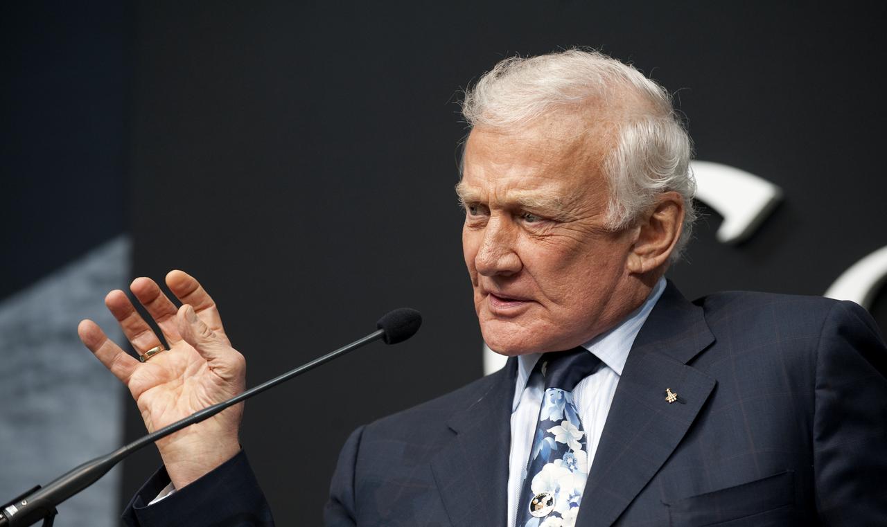 Buzz Aldrin, the second man to walk on the moon, speaks during a press conference, Monday, July 20, 2009, announcing the launch of Moon in Google Earth, an immersive 3D atlas of the Moon, accessible within Google Earth 5.0, Monday, July 20, 2009, at the Newseum in Washington. Photo Credit: (NASA/Bill Ingalls)