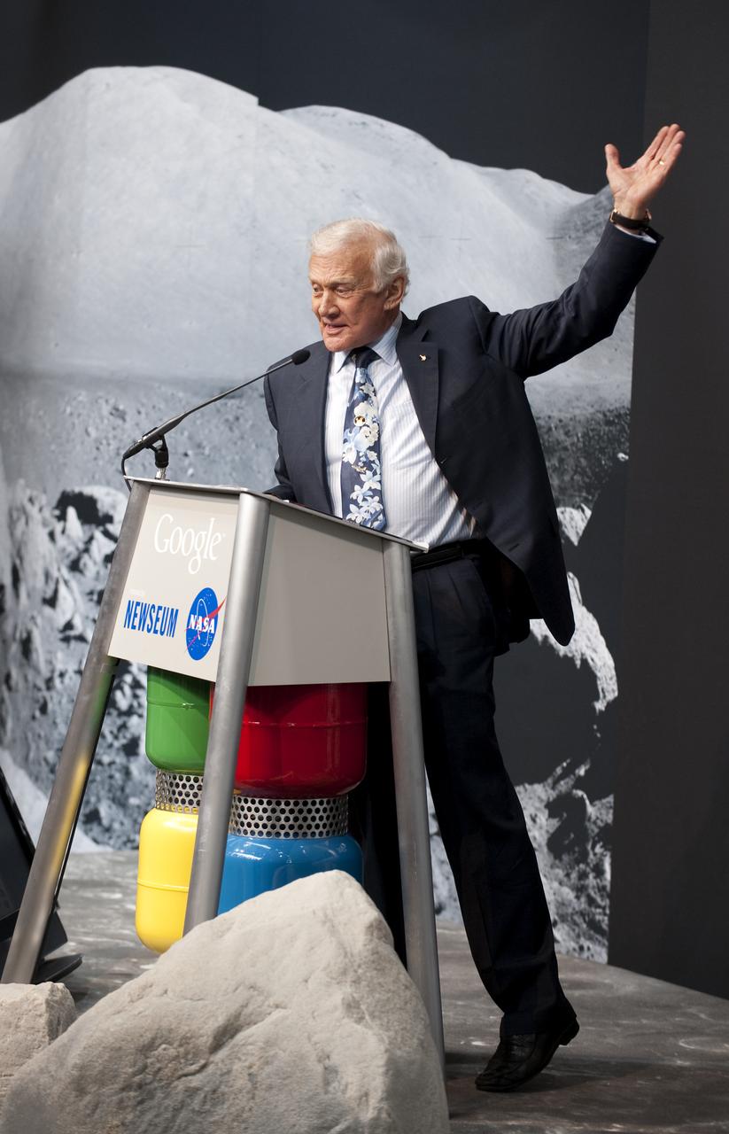 Buzz Aldrin, the second man to walk on the moon, speaks during a press conference, Monday, July 20, 2009, announcing the launch of Moon in Google Earth, an immersive 3D atlas of the Moon, accessible within Google Earth 5.0, Monday, July 20, 2009, at the Newseum in Washington. Photo Credit: (NASA/Bill Ingalls)