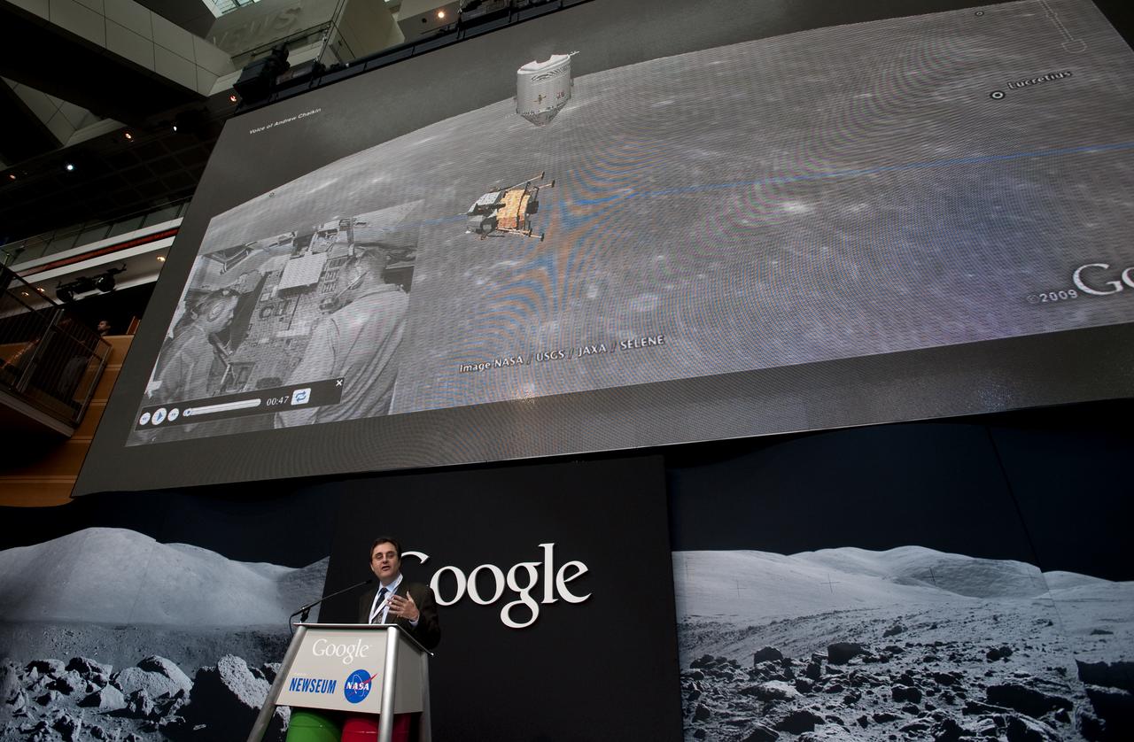 Andrew Chaikin, author of "A Man on the Moon" speaks during a press conference, Monday, July 20, 2009, announcing the launch of Moon in Google Earth, an immersive 3D atlas of the Moon, accessible within Google Earth 5.0, Monday, July 20, 2009, at the Newseum in Washington. Photo Credit: (NASA/Bill Ingalls)