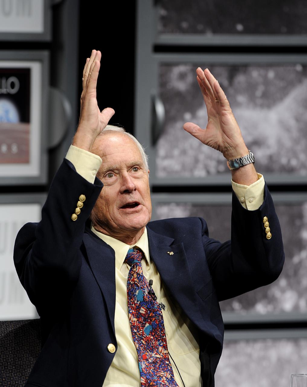Apollo 16 astronaut Charlie Duke, the 10th person to walk on the moon who spent 71 hours on the lunar surface, talks during a panel discussion, Monday, July 20, 2009, hosted by Nick Clooney at the Newseum in Washington as part of the commemoration of the 40th Anniversary of the Apollo 11 moon landing. Photo Credit: (NASA/Bill Ingalls)