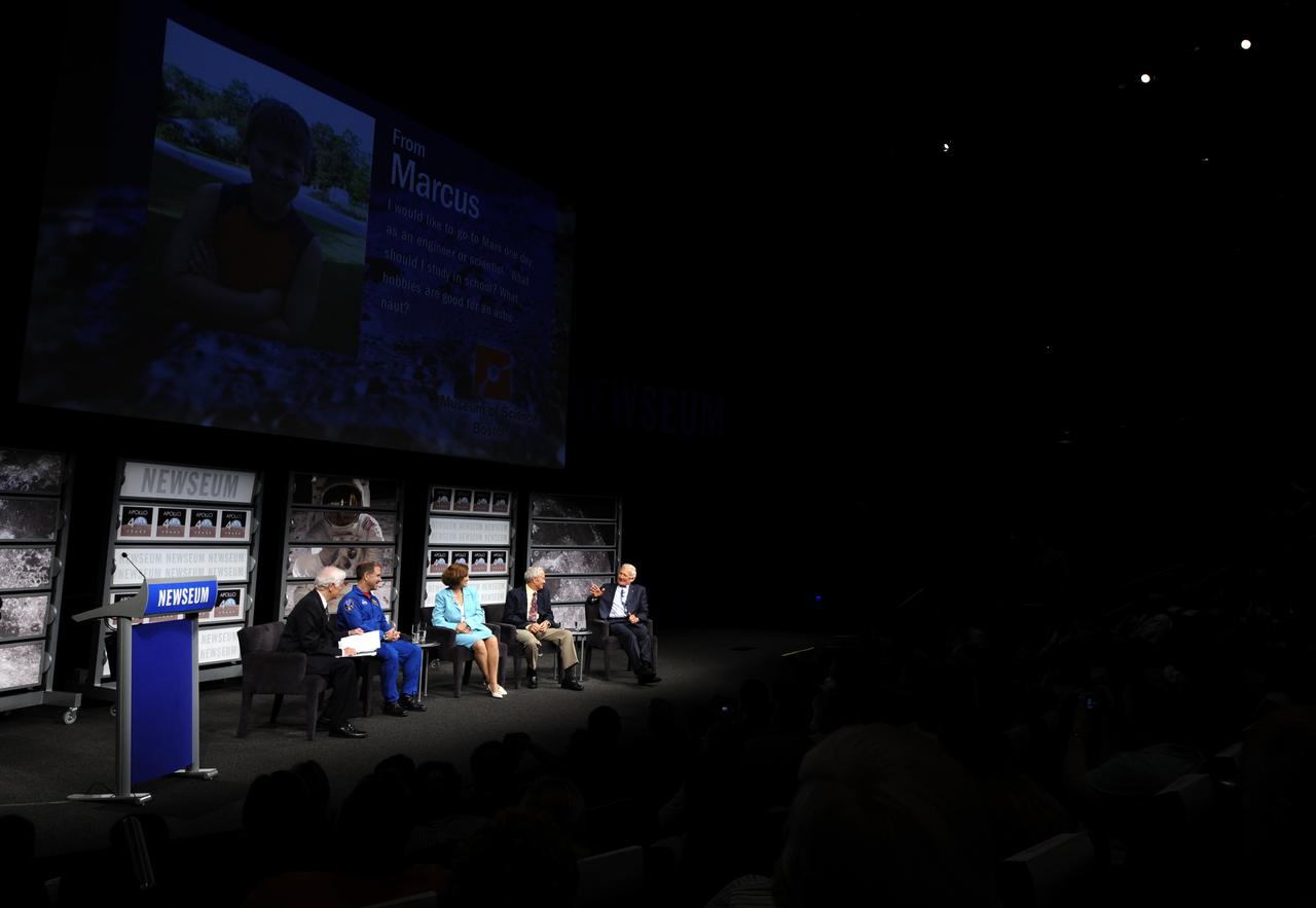 Veteran journalist Nick Clooney, seated left, moderated a panel discussion with Apollo 11 astronaut Buzz Aldrin, far right, Charlie Duke of Apollo 16, John Grunsfeld, of the recent Hubble mission, and Goddard Space Flight Center deputy director Laurie Leshin, Monday, July 20, 2009, at the Newseum in Washington as part of the commemoration of the 40th Anniversary of the Apollo 11 moon landing. Photo Credit: (NASA/Bill Ingalls)