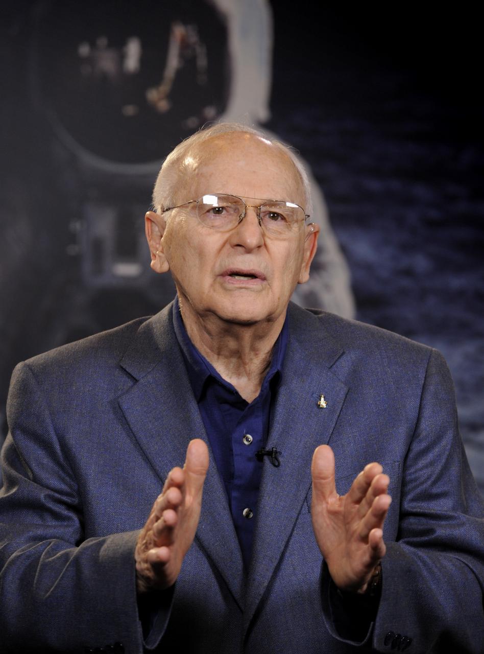 Apollo 12 astronaut Alan Bean responds to a question during a live television interview on Monday, July 20, 2009, at NASA Headquarters in Washington. Bean was lunar module pilot on Apollo 12, man's second lunar landing. Photo Credit: (NASA/Paul E. Alers)