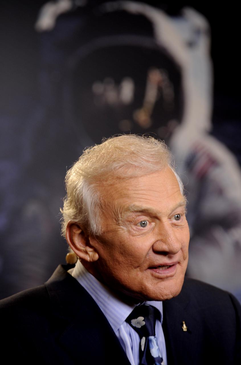 Apollo 11 astronaut Buzz Aldrin, the second man to walk on the Moon, responds to a question during a live television interview on Monday, July 20, 2009, at NASA Headquarters in Washington. Monday marked the 40th Anniversary of the historic landing. Photo Credit: (NASA/Paul E. Alers)