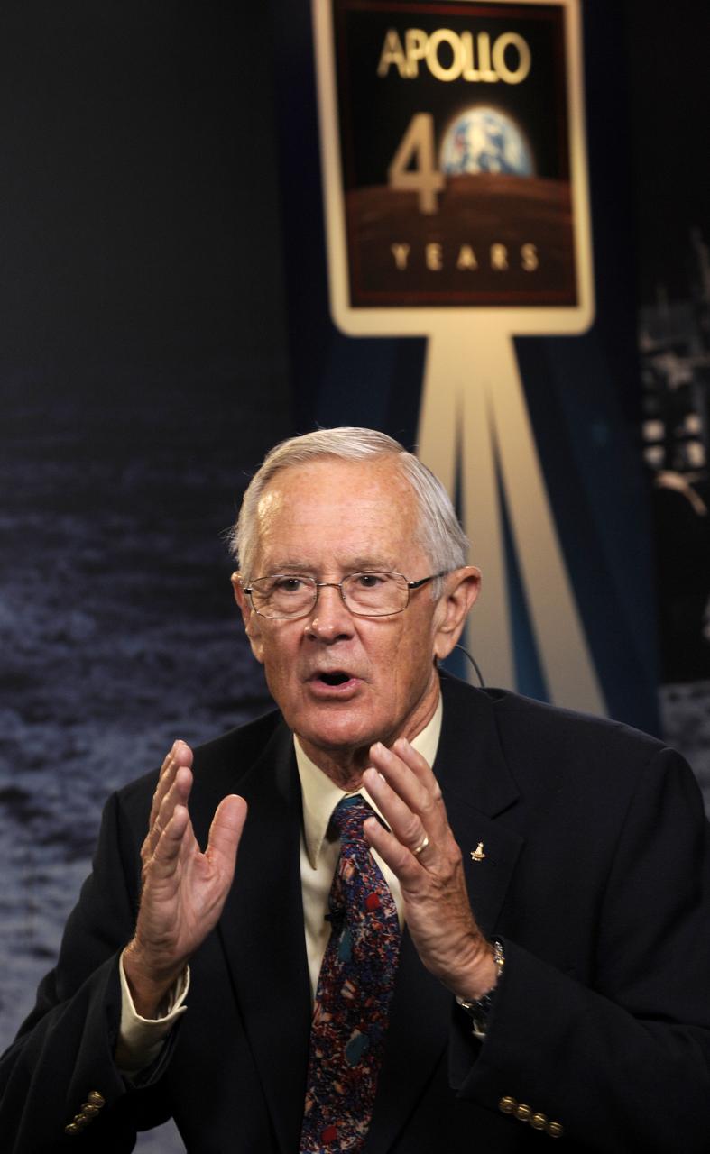 Apollo 16 astronaut Charles Duke responds to a question during a live television interview on Monday, July 20, 2009, at NASA Headquarters in Washington. Photo Credit: (NASA/Paul E. Alers)