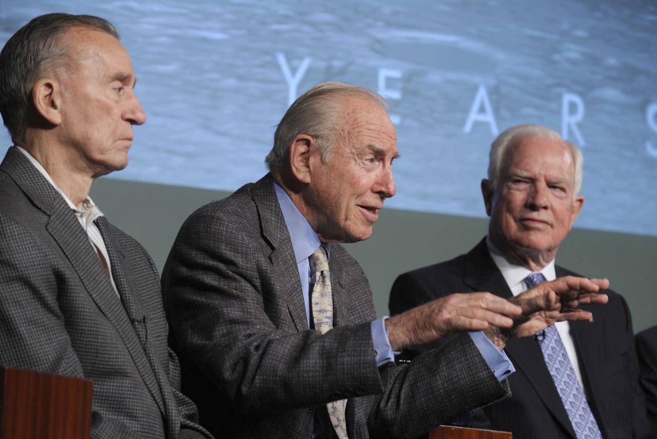 Astronaut James Lovell (Apollo 8 Apollo 13), center, flanked by Walt Cunningham (Apollo 7), left, and David Scott (Apollo 9 Apollo 15) responds during the 40th anniversary of the Apollo 11 mission and the walk on the moon press conference, Monday, July 20, 2009, at NASA Headquarters in Washington. Photo Credit: (NASA/Paul E. Alers)