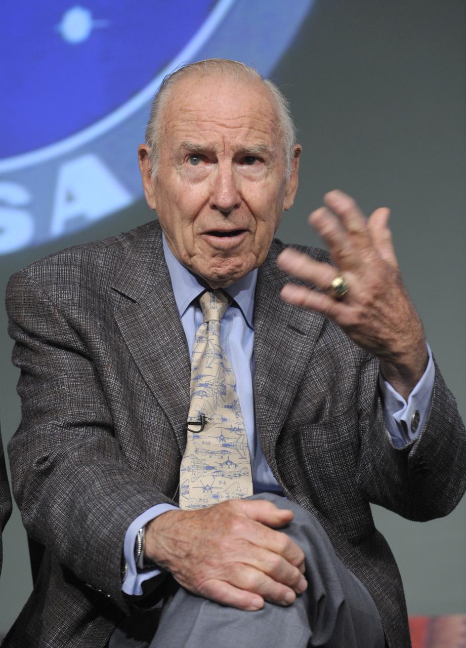 Astronaut James Lovell (Apollo 8 Apollo 13) gestures during the 40th anniversary of the Apollo 11 mission and the walk on the moon press conference, Monday, July 20, 2009, at NASA Headquarters in Washington. Photo Credit: (NASA/Paul E. Alers)