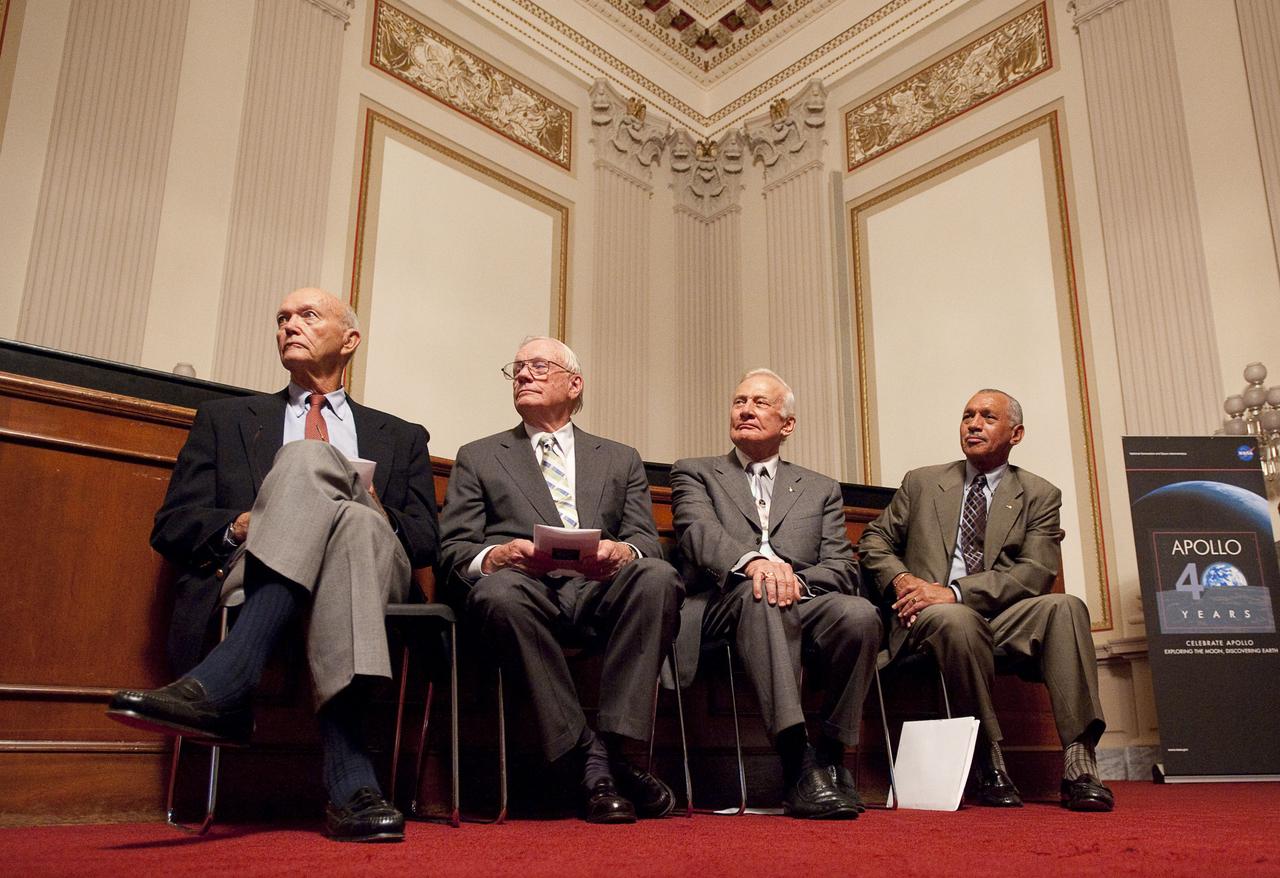 Apollo 11 Astronauts, from left, Michael Collins, Neil Armstrong, Buzz Aldrin and NASA Administrator Charles Bolden attend the U.S House of Representatives Committee on Science and Technology tribute to the Apollo 11 Astronauts at the Cannon House Office Building on Capitol Hill, Tuesday, July 21, 2009 in Washington.  The committee presented the three Apollo 11 astronauts with a framed copy of House Resolution 607 honoring their achievement, and announced passage of legislation awarding them and John Glenn the Congressional Gold Medal.  Photo Credit: (NASA/Bill Ingalls)