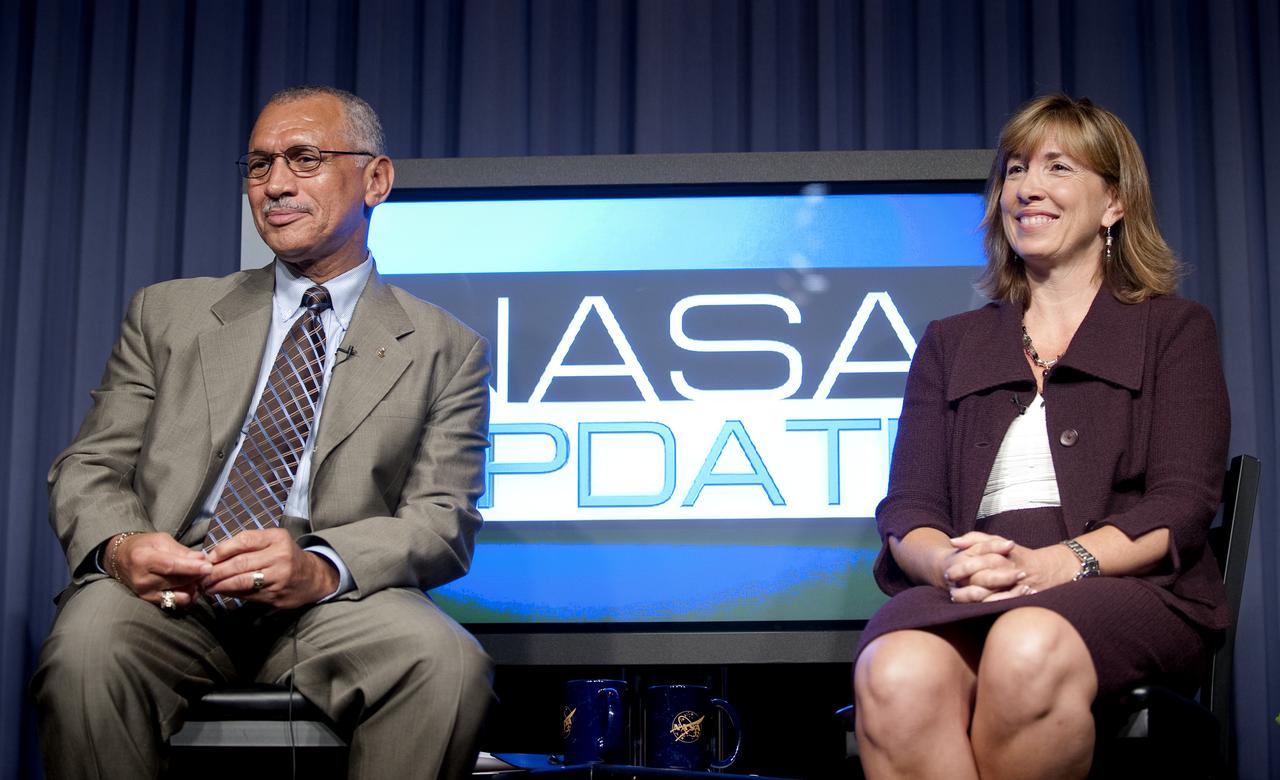 NASA Administrator Charles F. Bolden Jr. left, and Deputy Administrator Lori Garver are seen during their first NASA Update,Tuesday, July 21, 2009, at NASA Headquarters in Washington. Bolden, NASA's 12th Administrator and Garver took the time to introduce themselves and outline their vision for the agency going forward. No questions were taken during the session. Photo Credit: (NASA/Bill Ingalls)