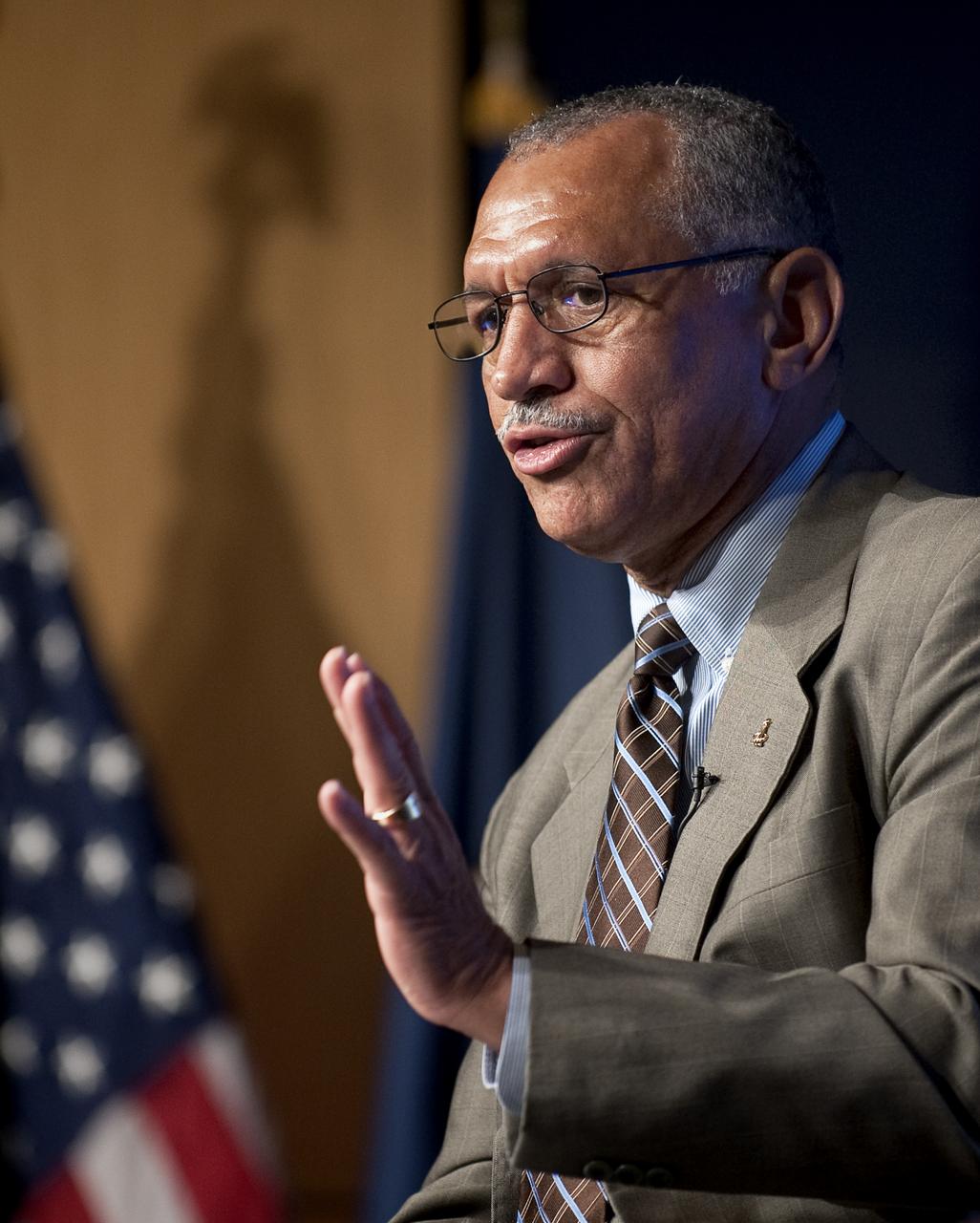NASA Administrator Charles F. Bolden Jr. speaks during his first NASA Update,Tuesday, July 21, 2009, at NASA Headquarters in Washington. Bolden, NASA's 12th Administrator, was joined by Deputy Administrator Lori Garver where they took the time to introduce themselves and outline their vision for the agency going forward. No questions were taken during the session. Photo Credit: (NASA/Bill Ingalls)